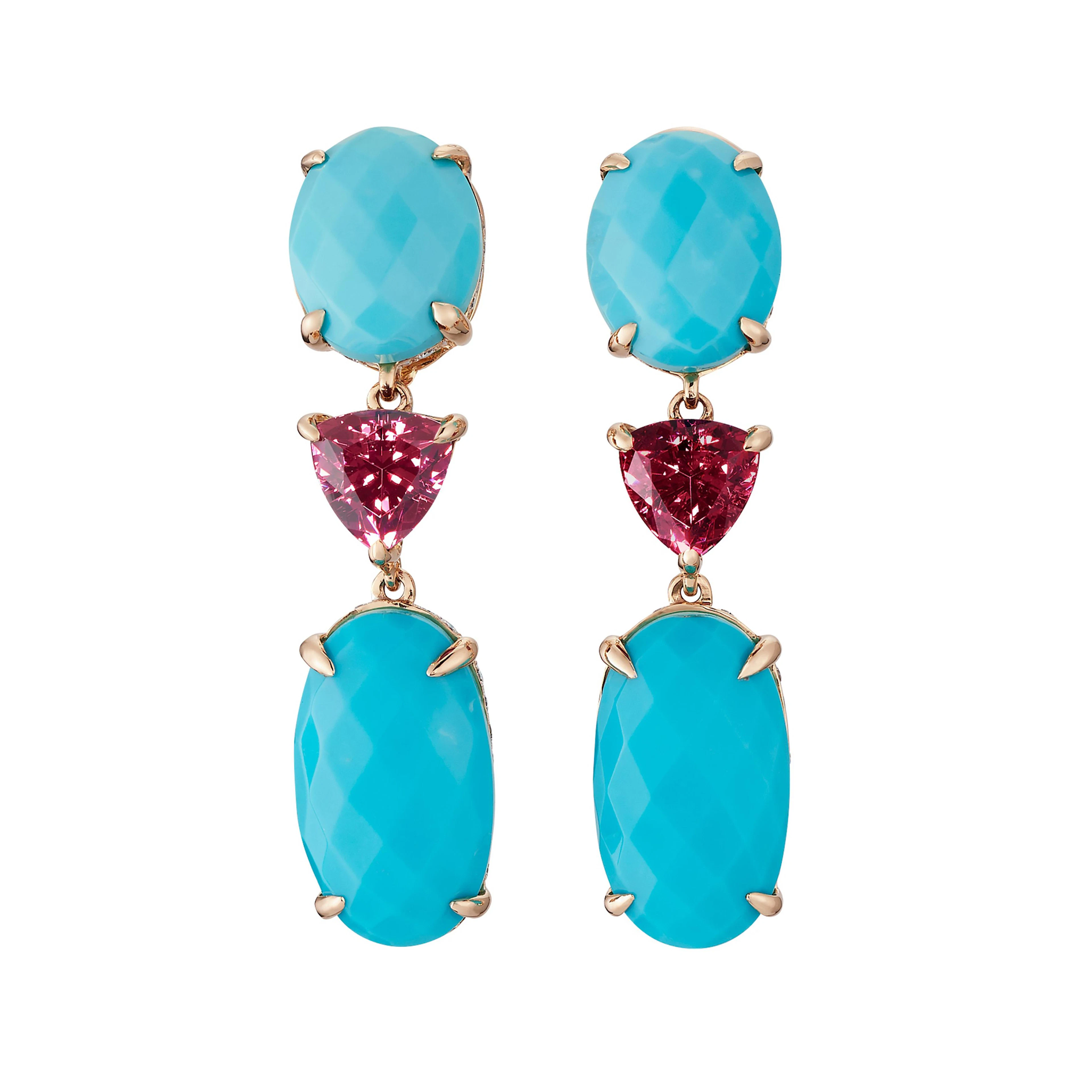 Gold, Turquoise, Garnet and Diamond Drop Earrings