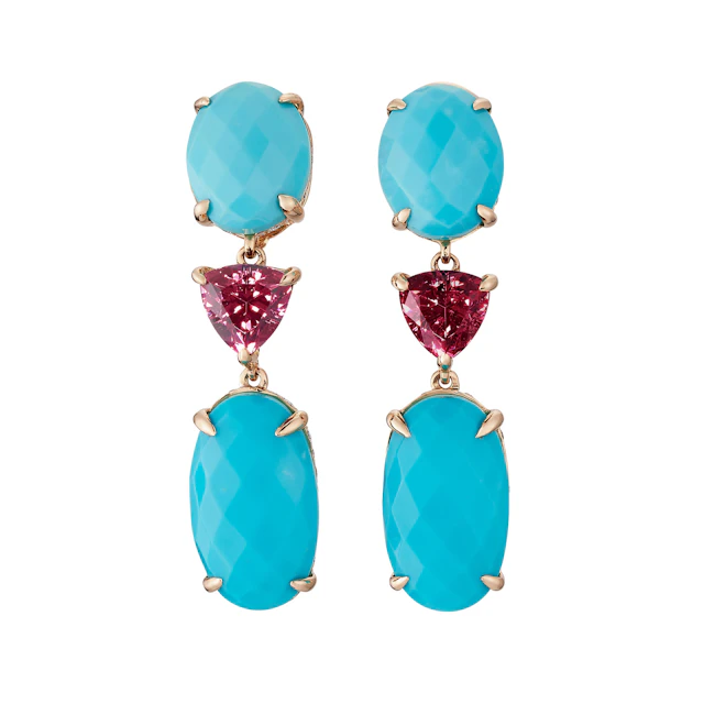 Gold, Turquoise, Garnet and Diamond Drop Earrings