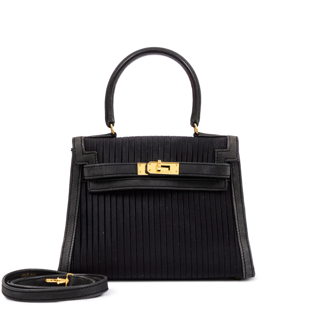 Vintage Black Doblis and Pleated Satin Mini Kelly Gold Hardware, 1992