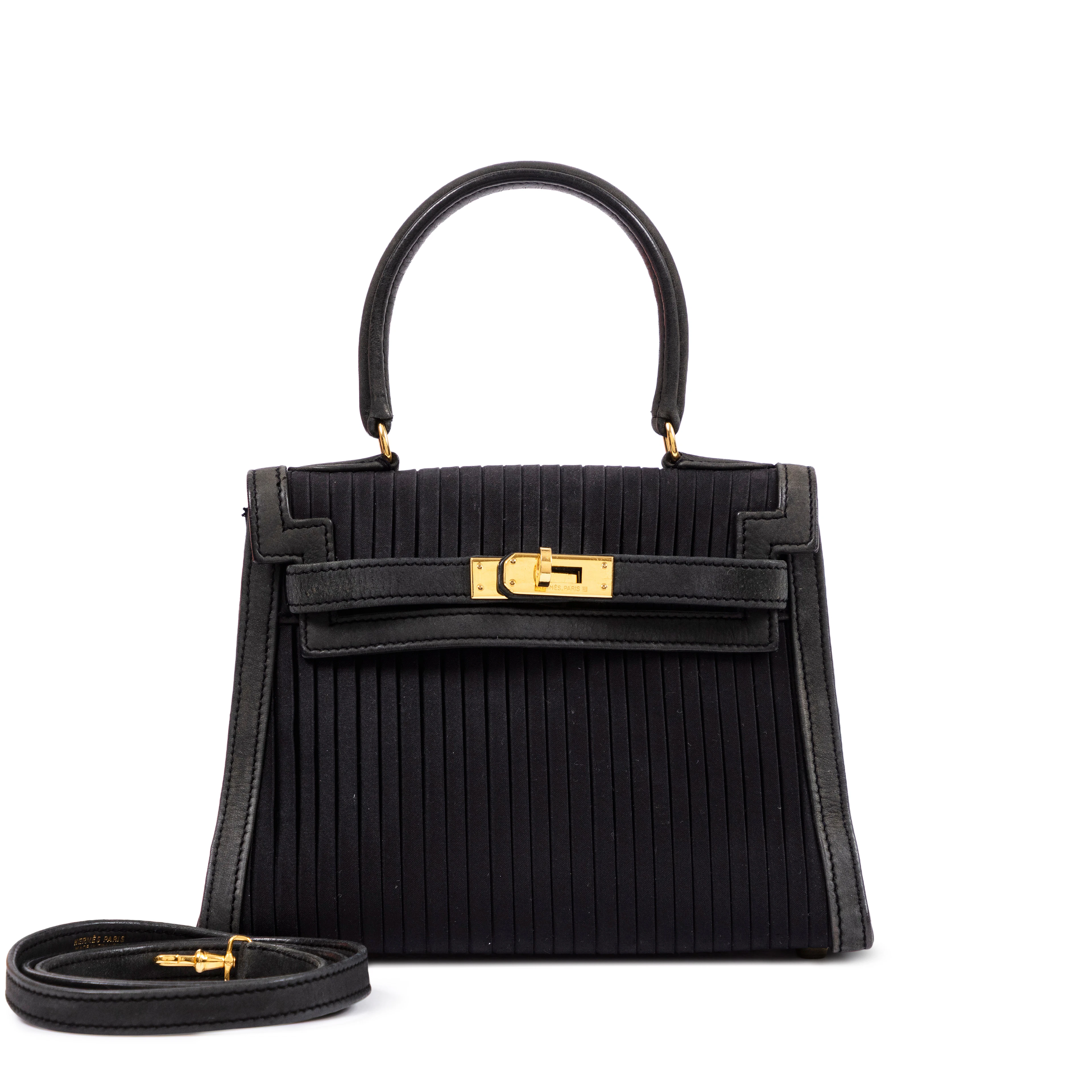 Vintage Black Doblis and Pleated Satin Mini Kelly Gold Hardware, 1992