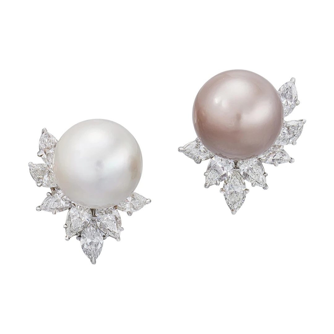 Platinum, Cultured Pearl and Diamond Earclips