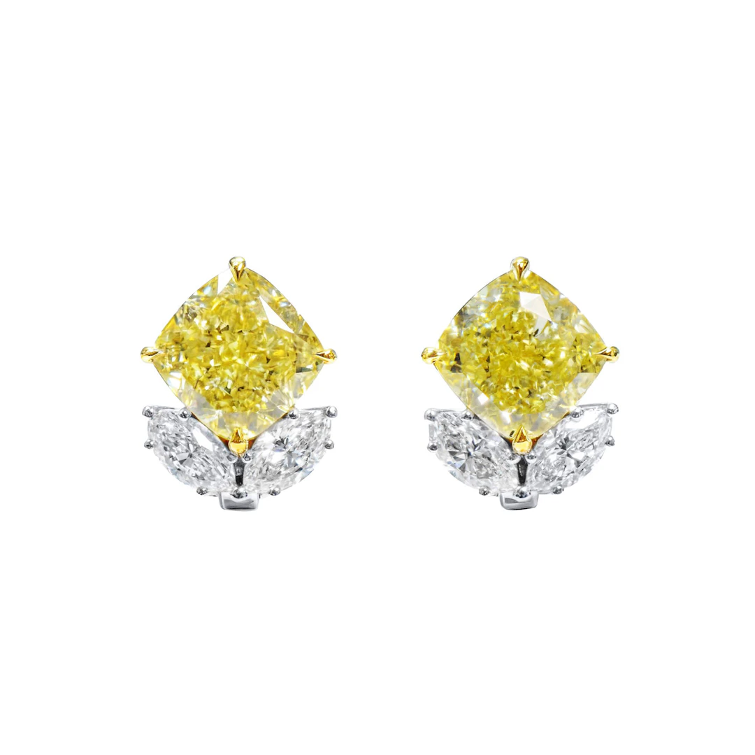 White Gold, 6.77ctw Cushion Cut Fancy Yellow Diamond and Diamond Earclips