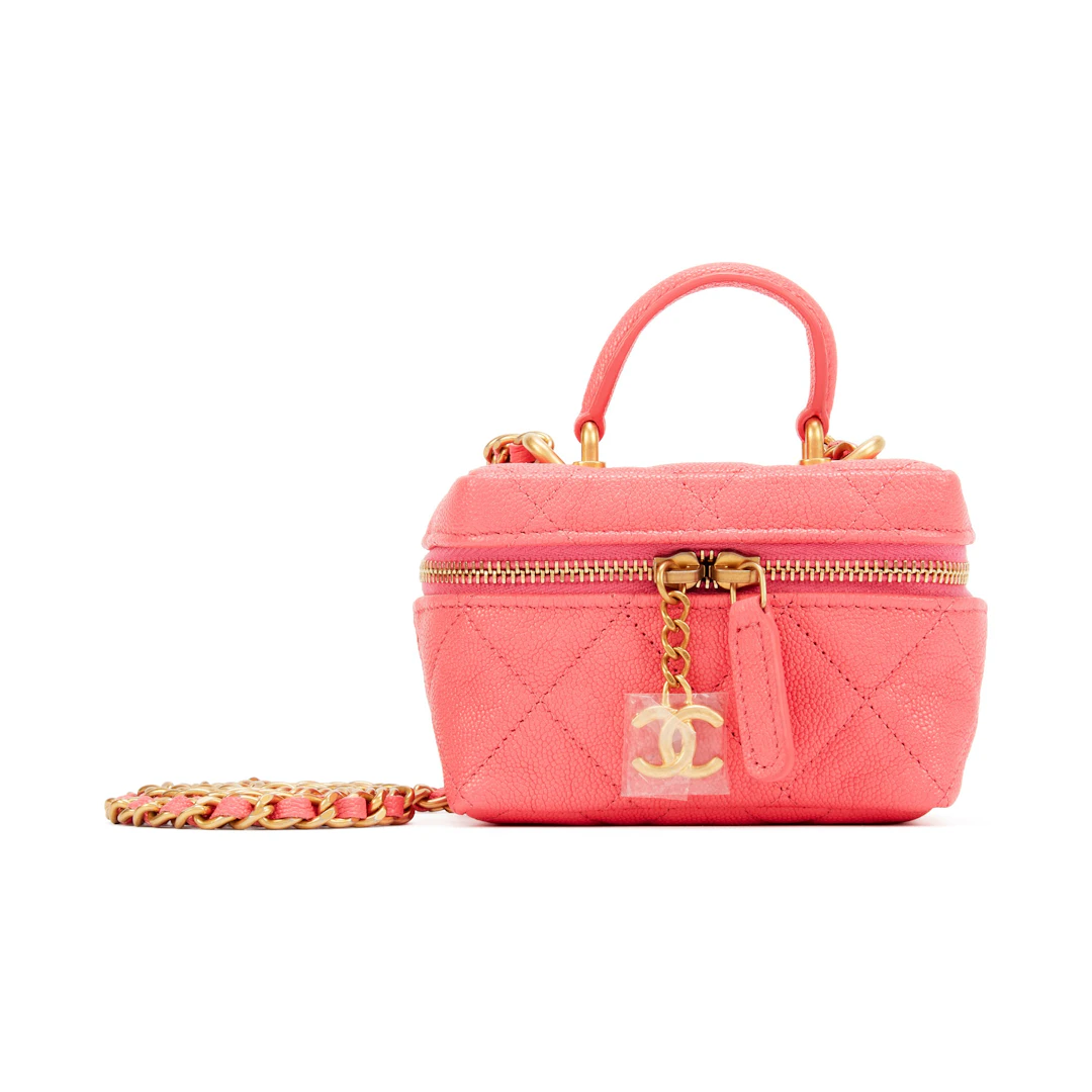 Pink Quilted Grained Calfskin Mini Vanity Case with Chain Gold Hardware, 2021