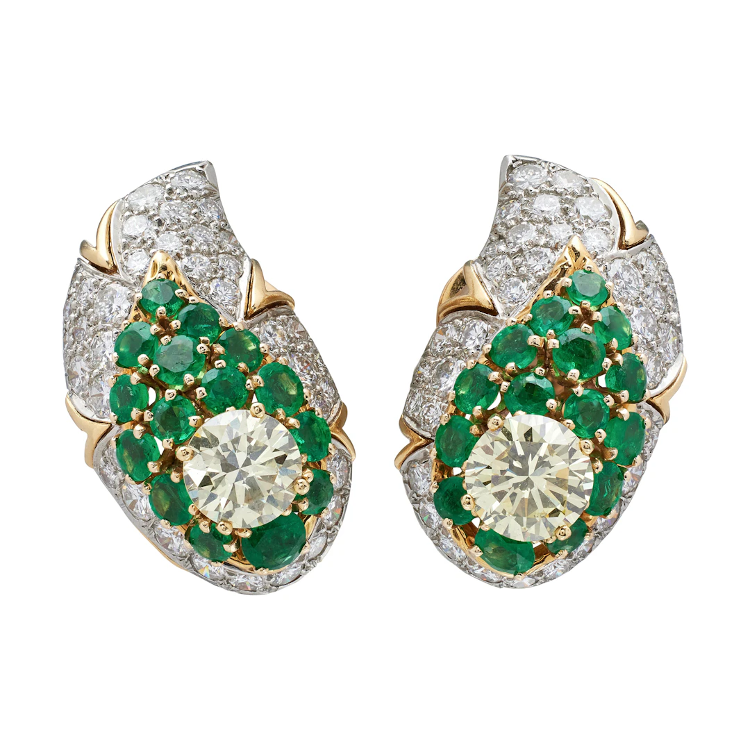 Vintage Gold, Platinum, Emerald and Diamond Earclips