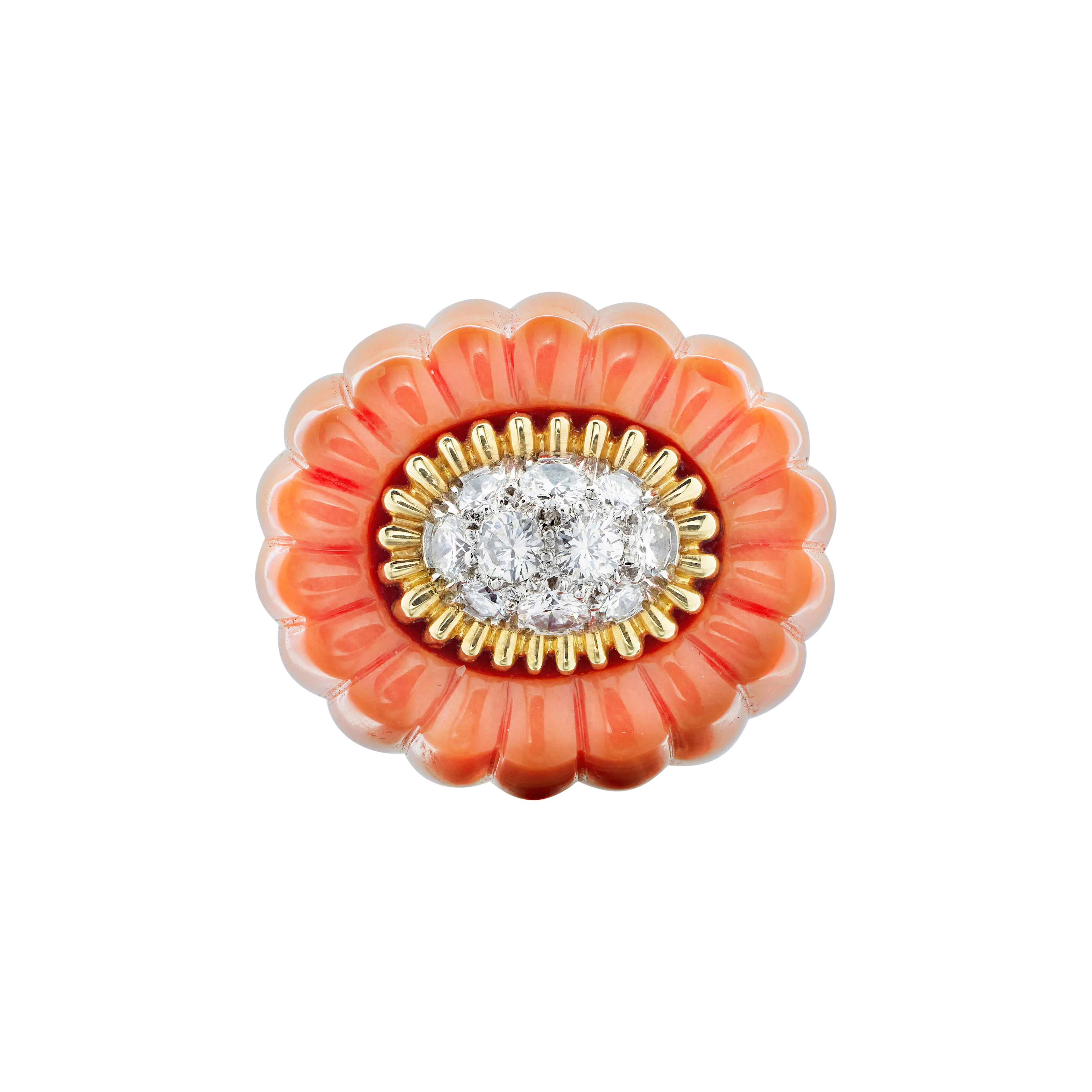 Gold, Platinum, Coral and Diamond Ring