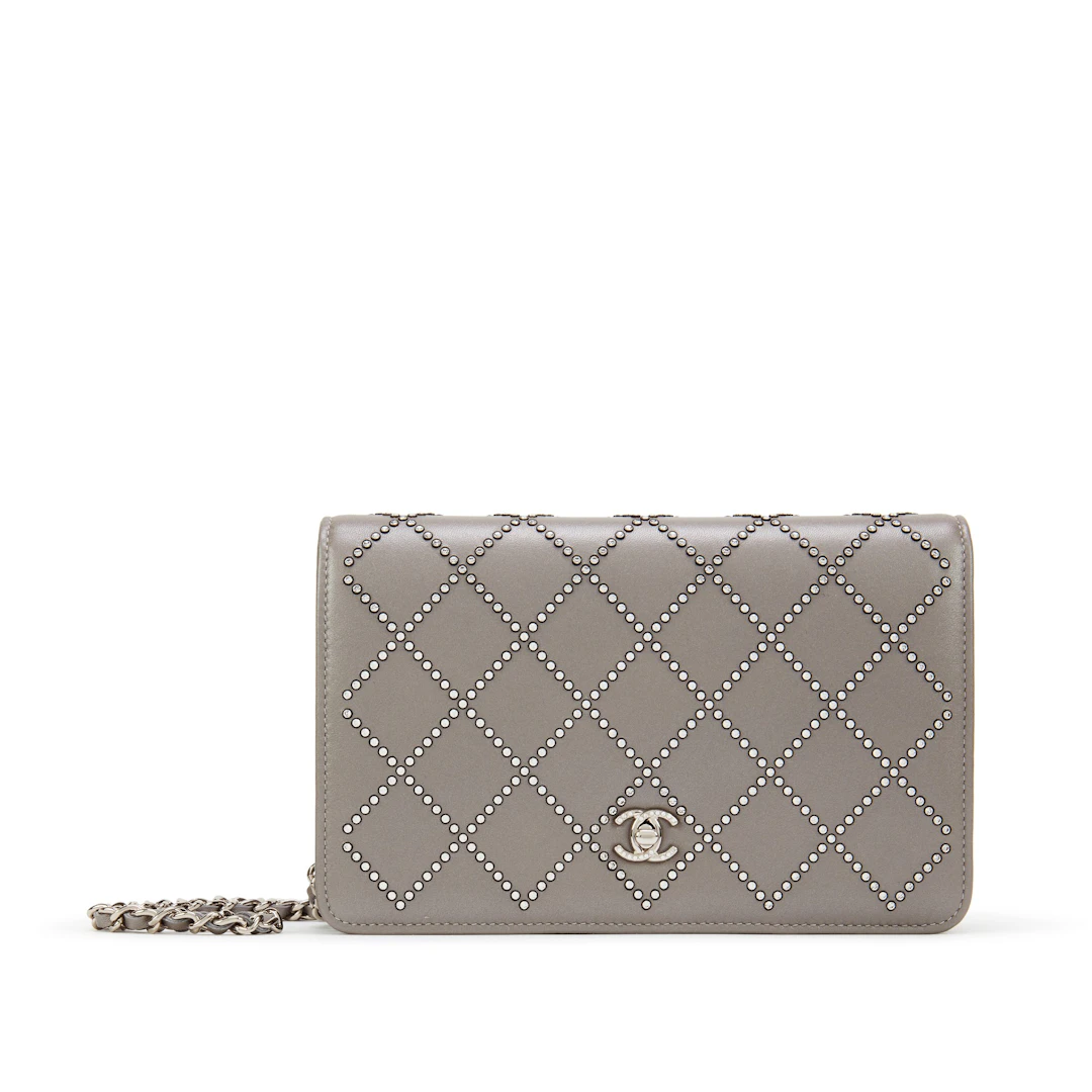 Metallic Silver Lambskin Strass Wallet on Chain Silver Hardware, 2020