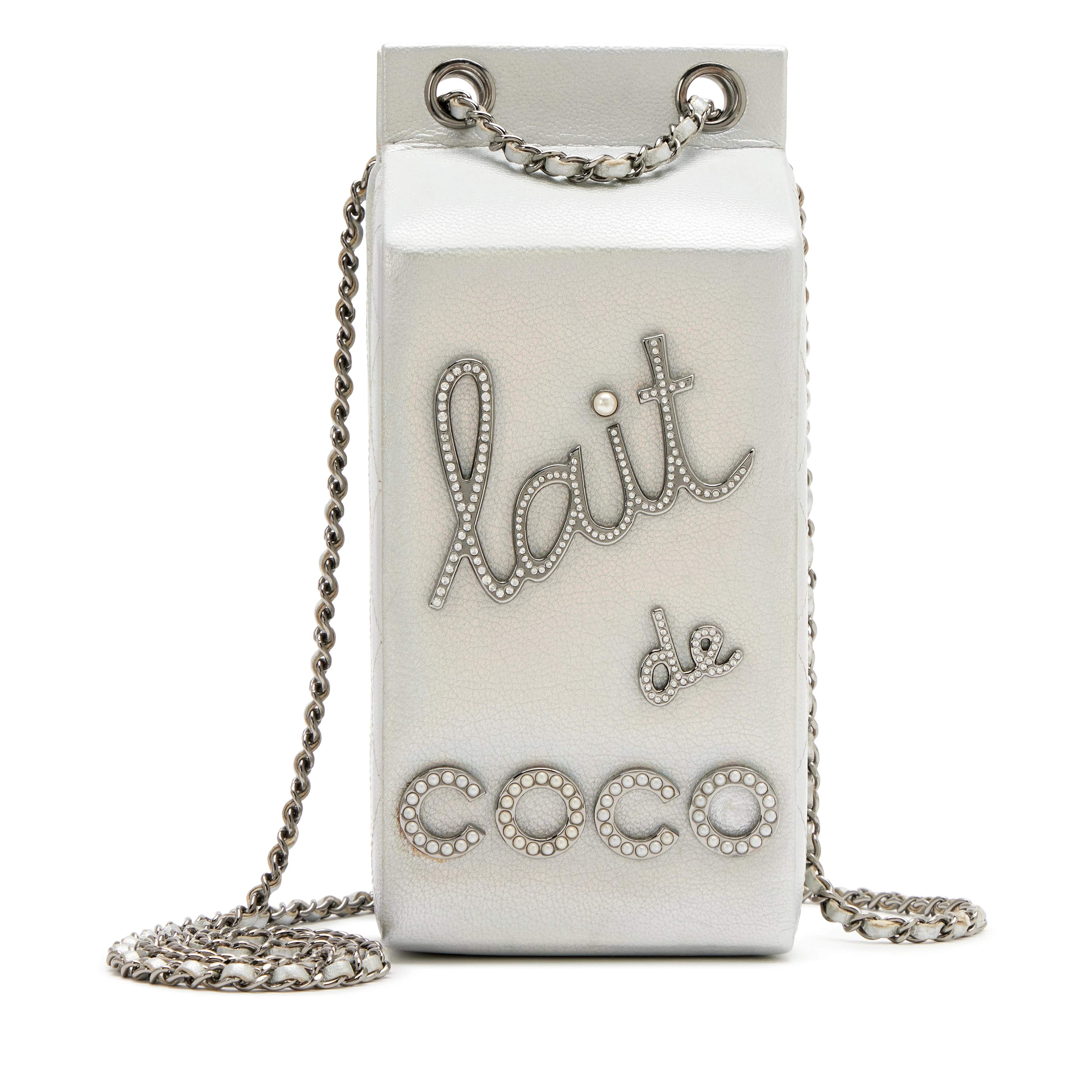 Iridescent Silver Goatskin Lait de Coco Milk Carton Bag Ruthenium