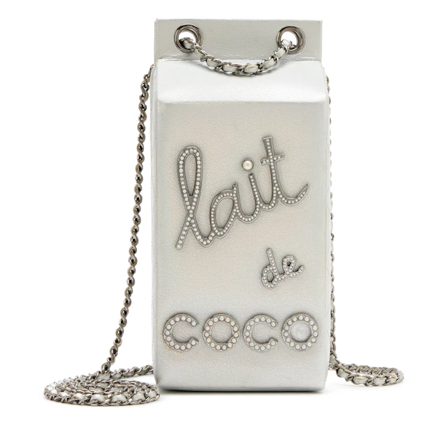 Iridescent Silver Goatskin Lait de Coco Milk Carton Bag Ruthenium