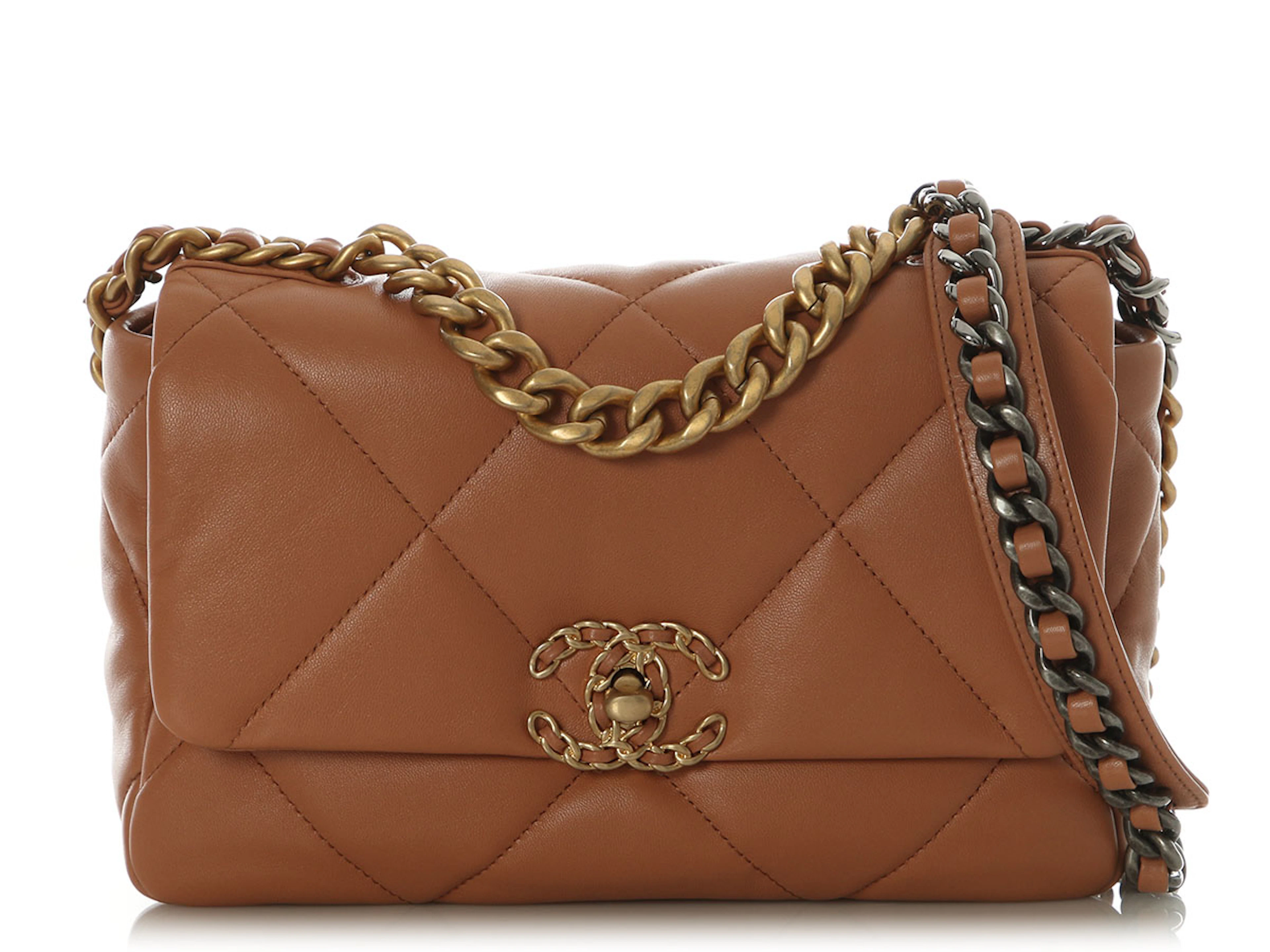 Brown Quilted Lambskin Chanel 19 Medium Flap Bag Aged Gold and Ruthenium