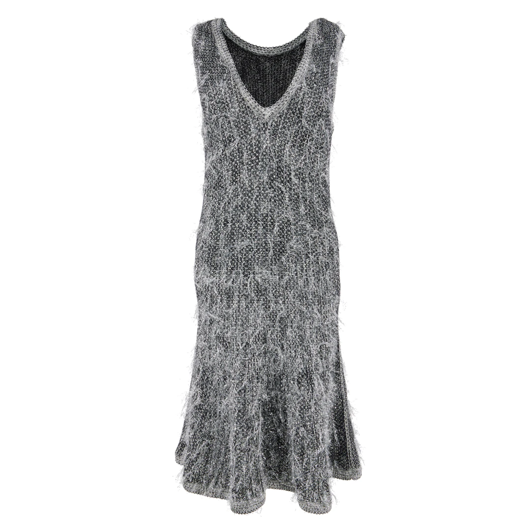 Silver and Black Shiny Eyelash Knit Sleeveless Fit and Flare Dress, 2019