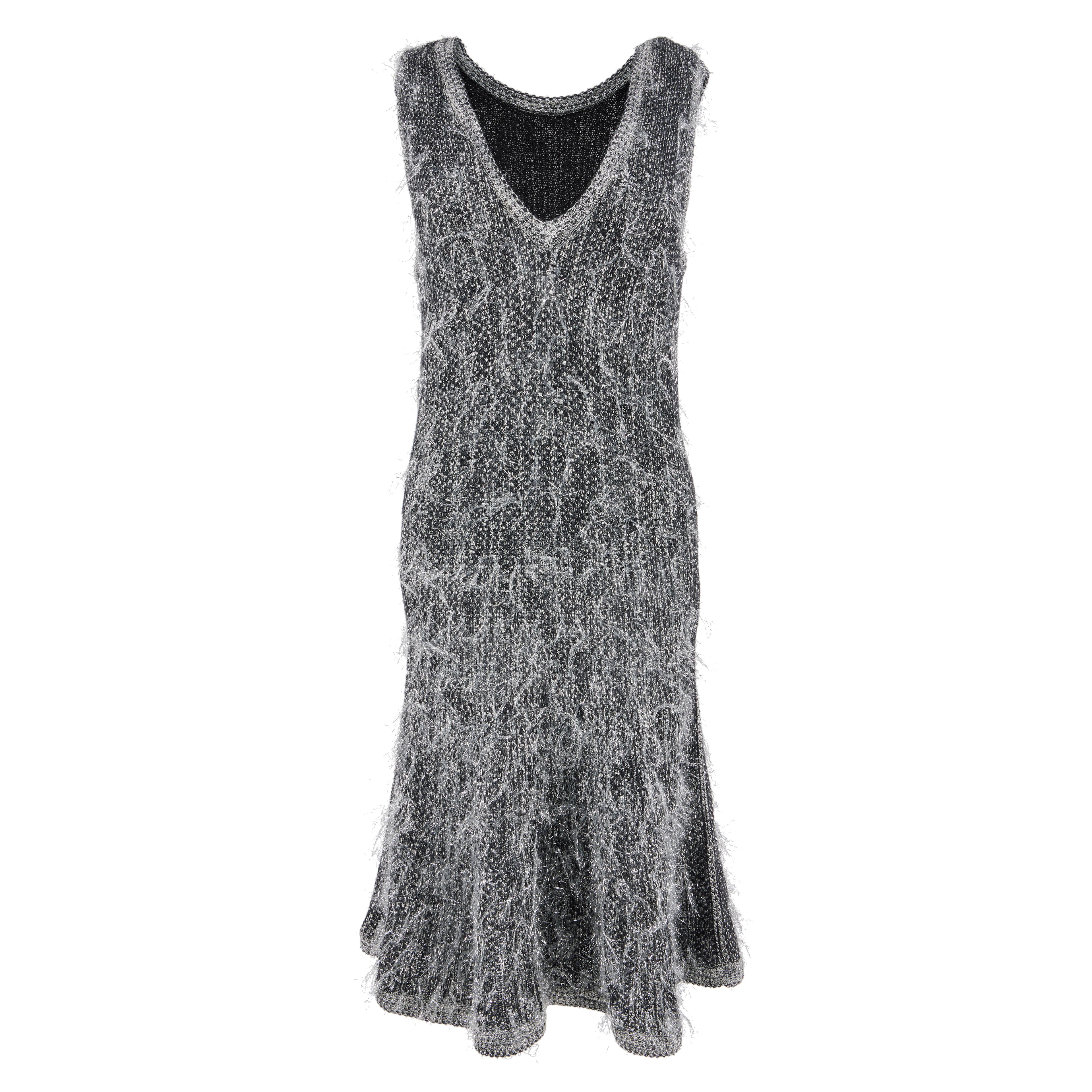 Silver and Black Shiny Eyelash Knit Sleeveless Fit and Flare Dress, 2019