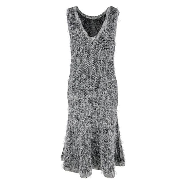 Silver and Black Shiny Eyelash Knit Sleeveless Fit and Flare Dress, 2019