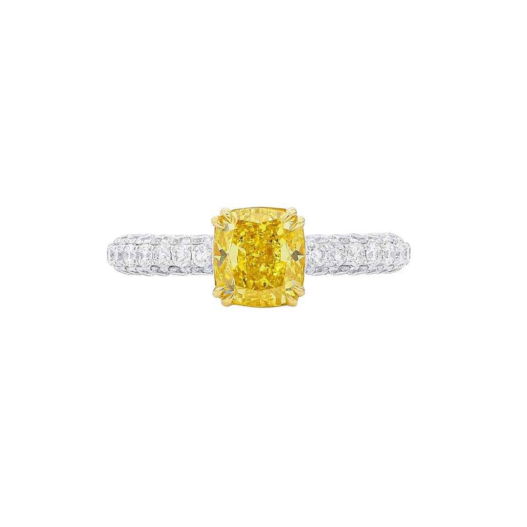 White Gold, Gold, 1.58ct Cushion Cut Fancy Vivid Yellow Diamond and