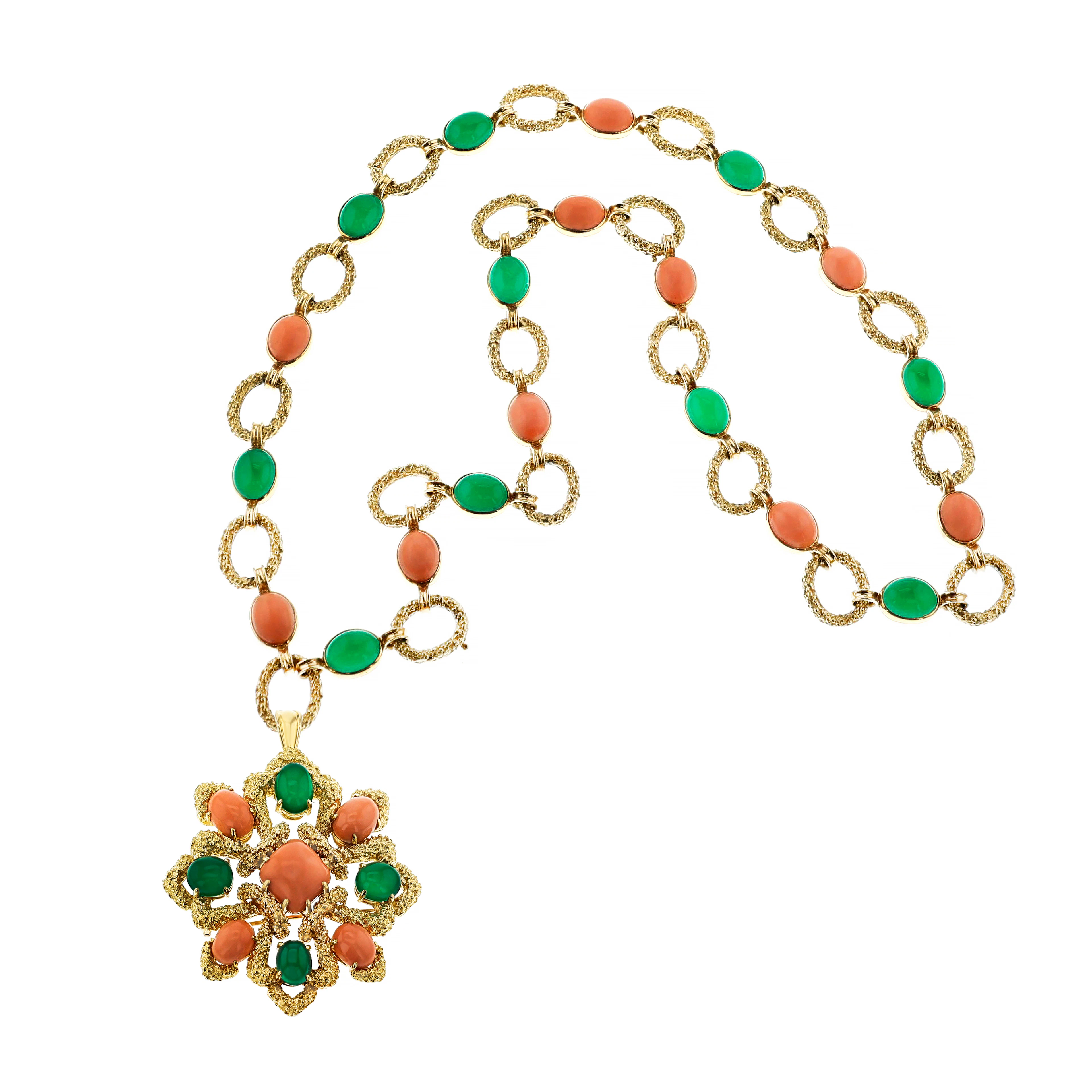 Vintage Gold, Coral and Chrysoprase Convertible Pendant Delphes Necklace