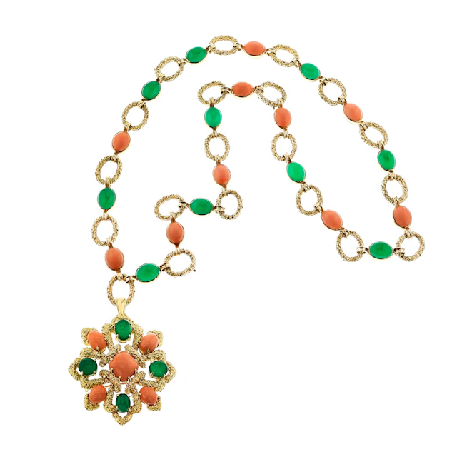 Vintage Gold, Coral and Chrysoprase Convertible Pendant Delphes Necklace