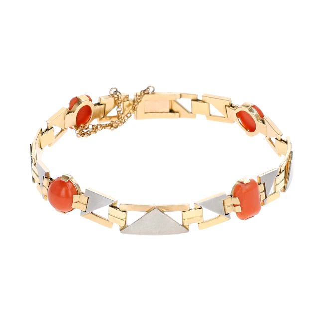 Vintage Gold, Platinum and Coral Link Bracelet