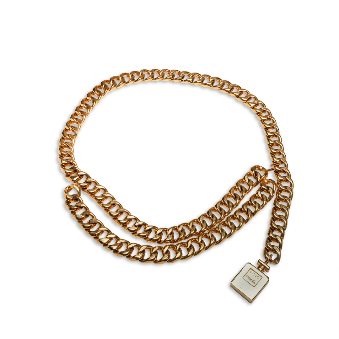 Gold Metal Chain Perfume Bottle Charm Belt, 1980s