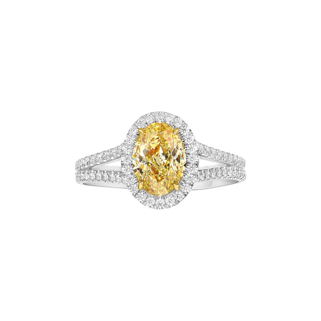 Platinum, Gold, 1.47ct Oval Cut Fancy Intense Yellow Diamond and Diamond Ring