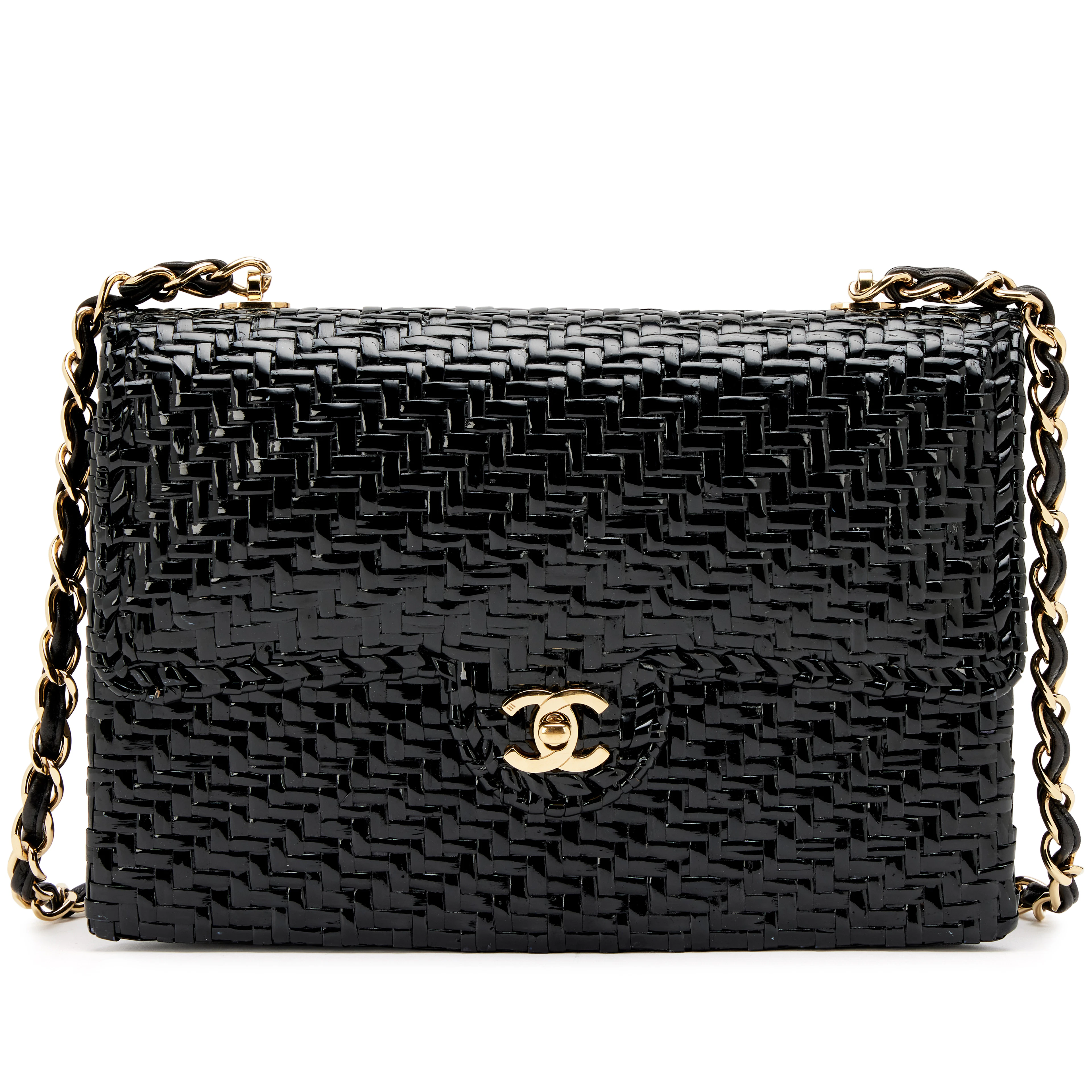 Vintage Black Rattan Wicker Medium Flap Bag Gold Hardware, 2000-2002
