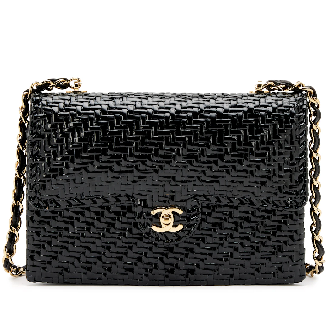 Vintage Black Rattan Wicker Medium Flap Bag Gold Hardware, 2000-2002