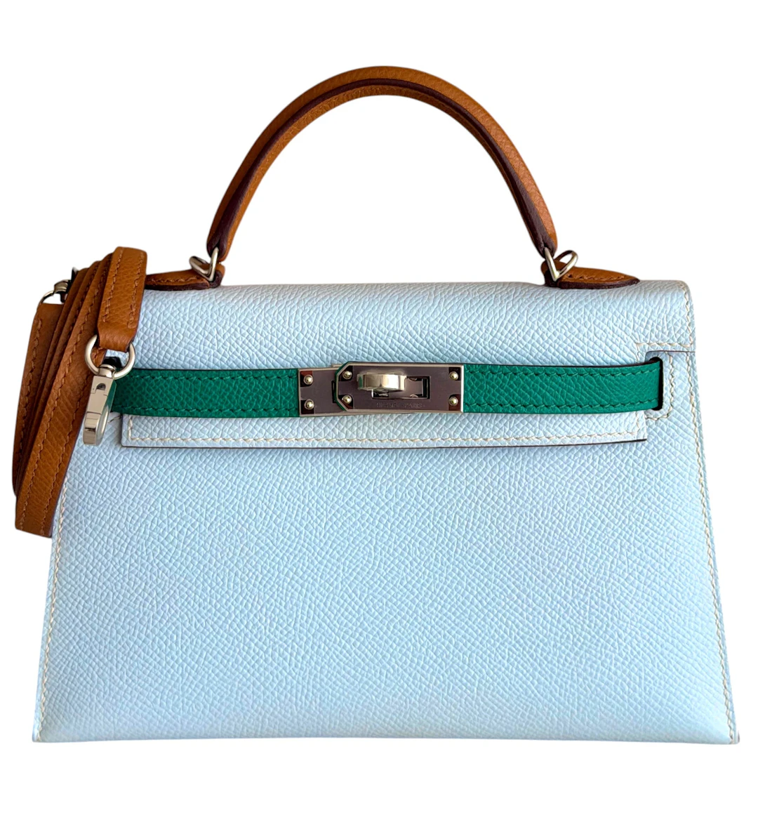 Bleu Brume, Vert Jade, and Gold Tri-Color Epsom Mini Kelly 20 II Palladium