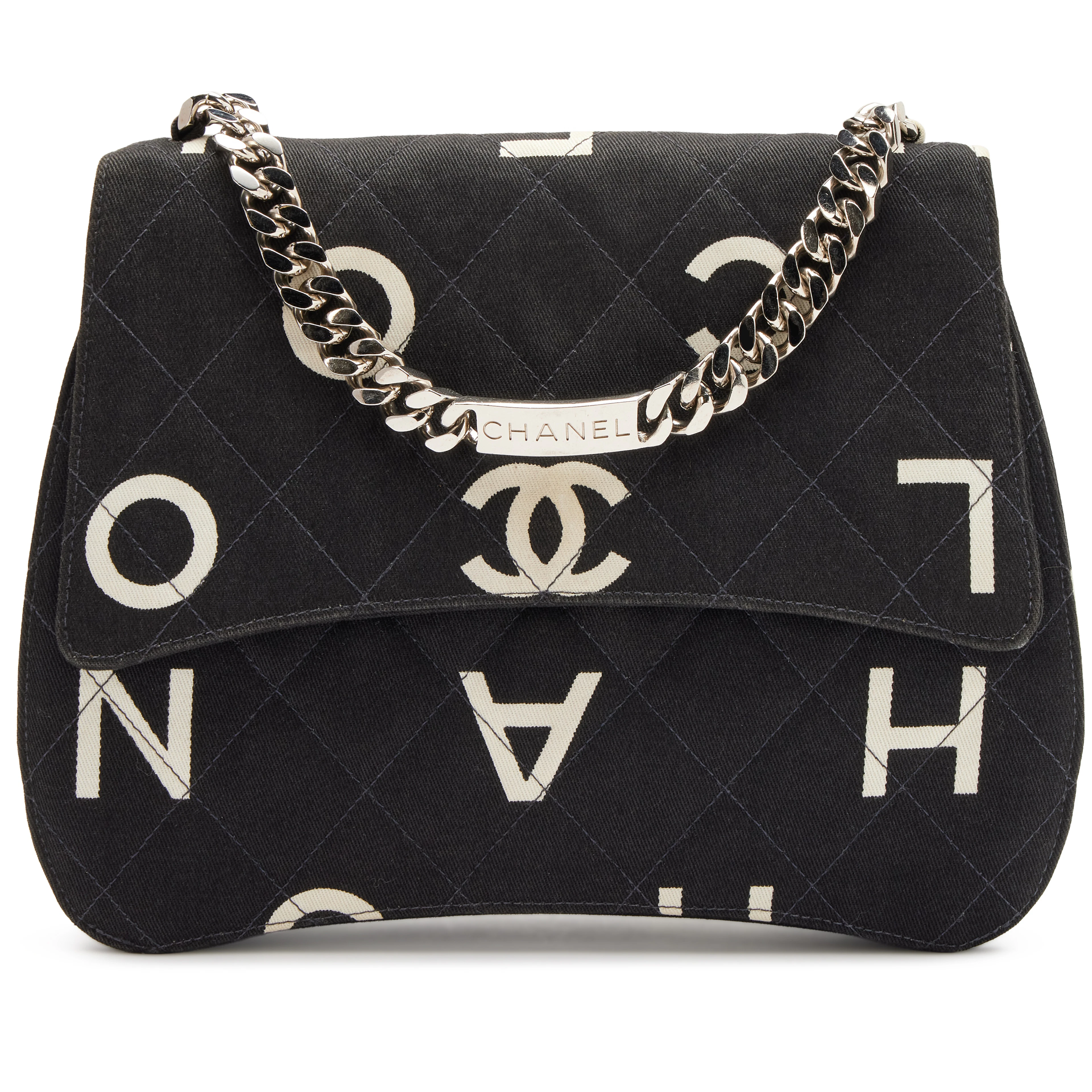 Vintage Black and White Quilted Logo Printed Canvas Coco ID Bracelet