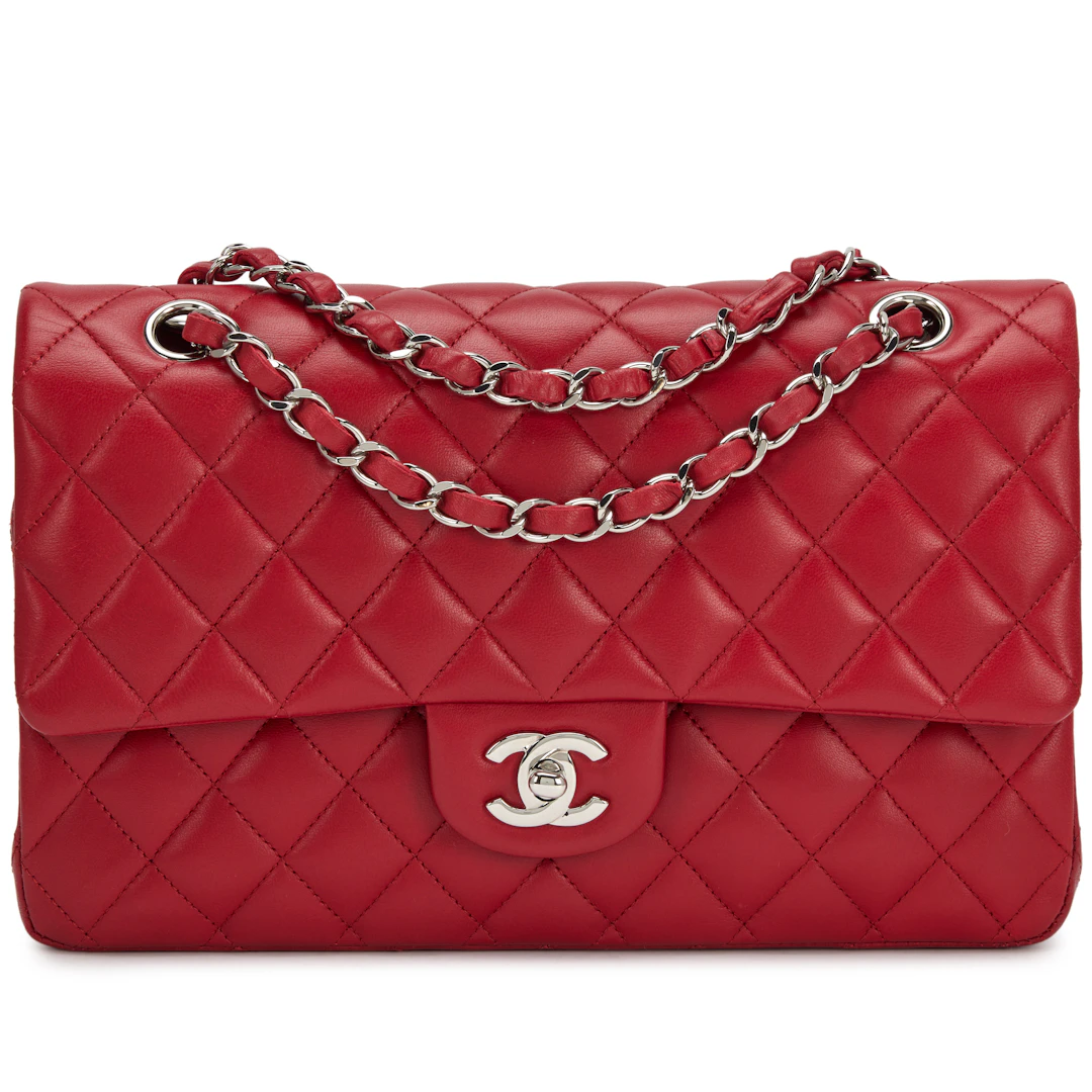 Red Quilted Lambskin Classic Medium Double Flap Bag Silver Hardware, 2012-2013
