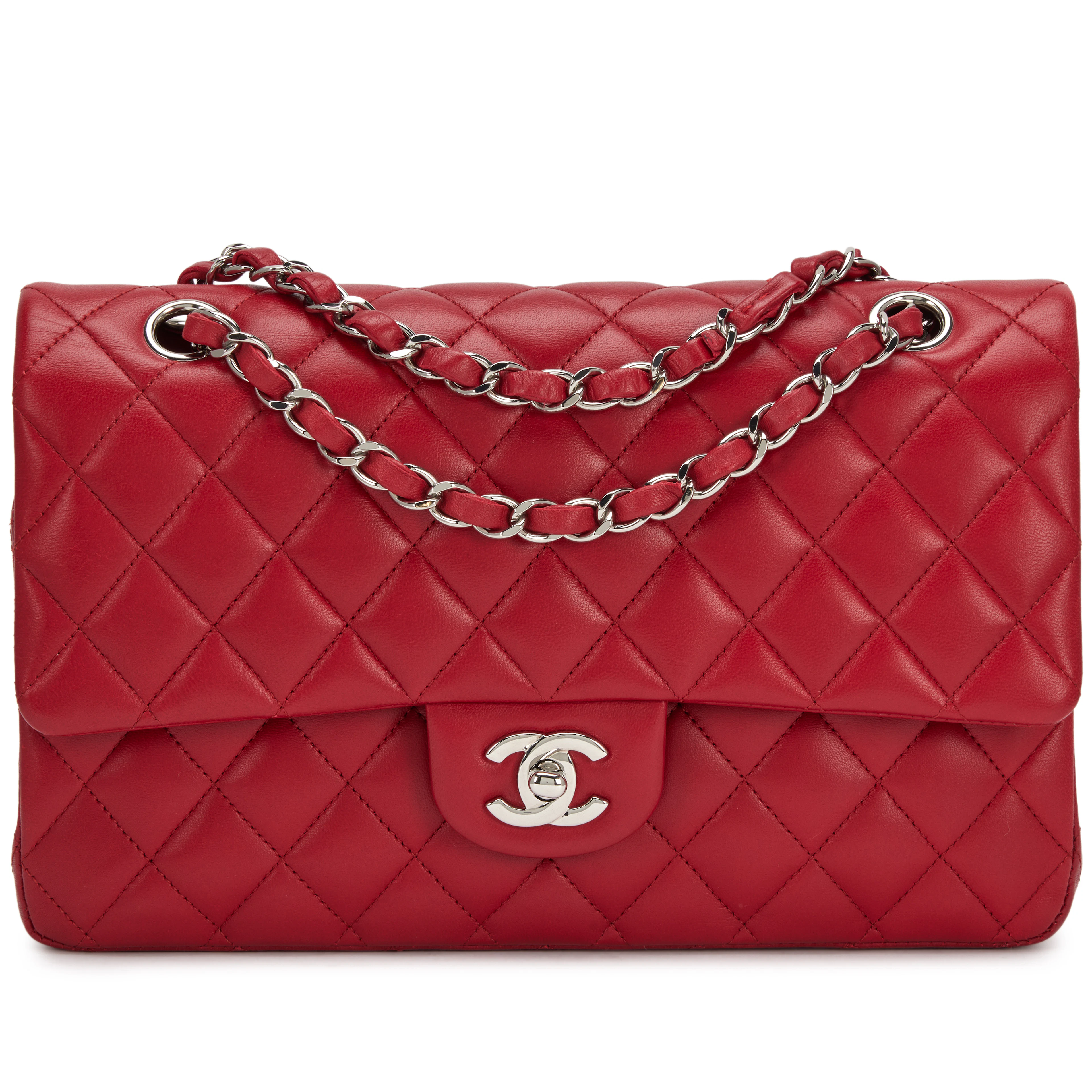 Red Quilted Lambskin Classic Medium Double Flap Bag Silver Hardware, 2012-2013