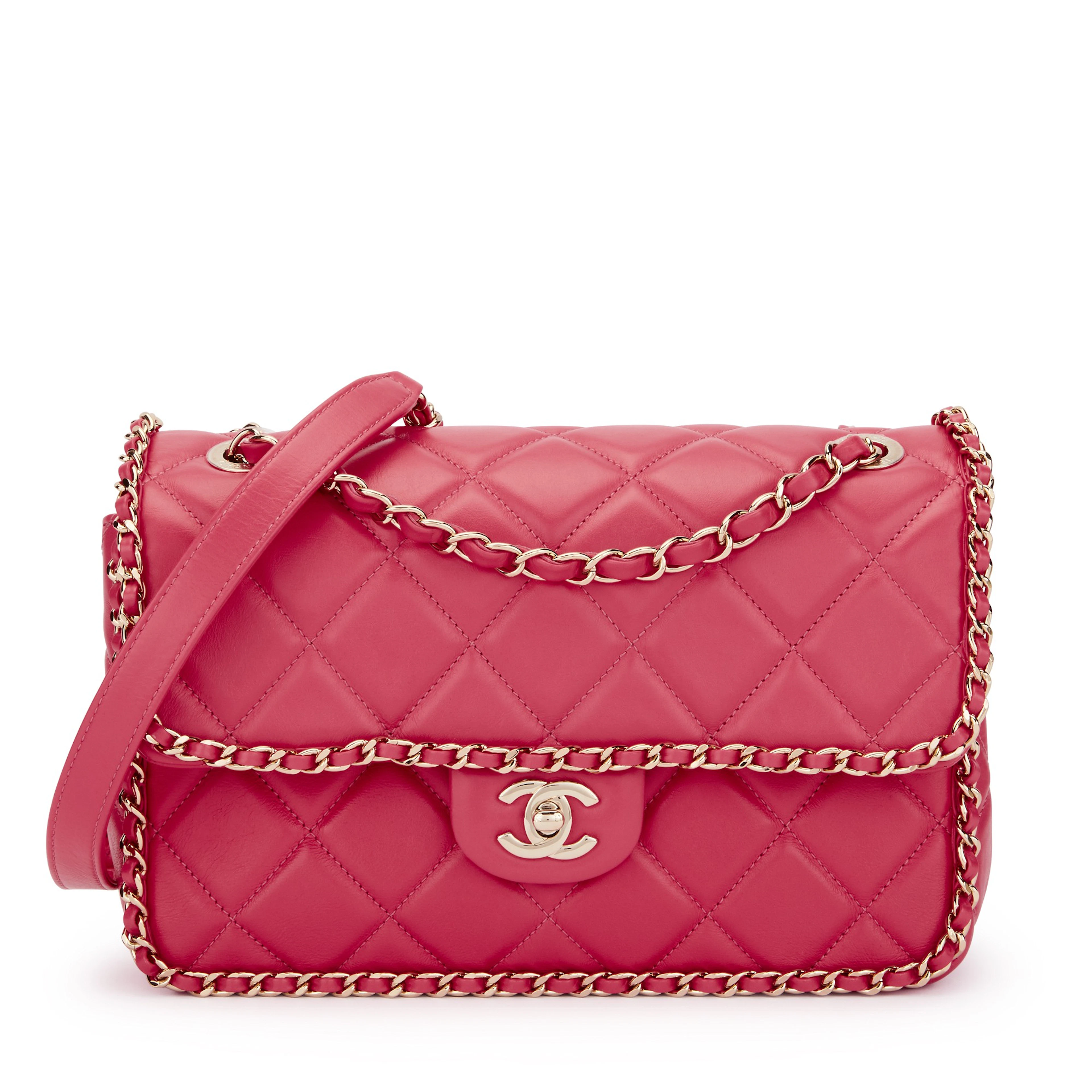 Pink Quilted Aged Calfskin Chain Around Single Flap Gold Hardware, 2020