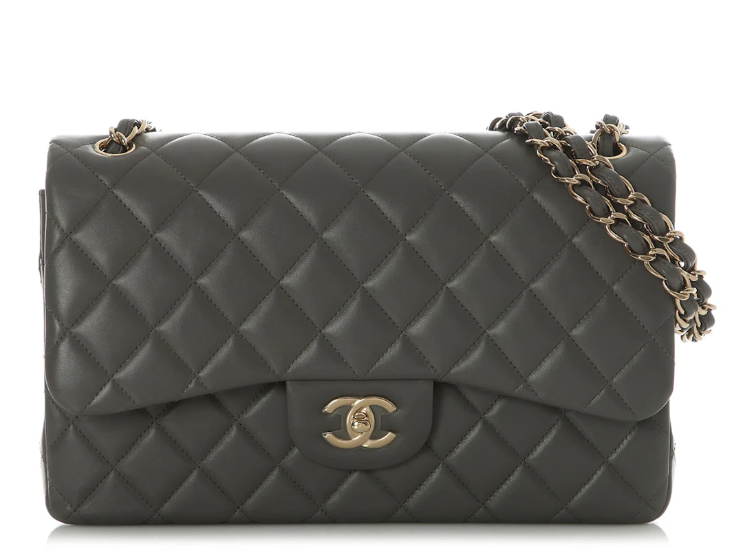Grey Quilted Lambskin Jumbo Classic Double Flap Bag Gold Hardware, 2022