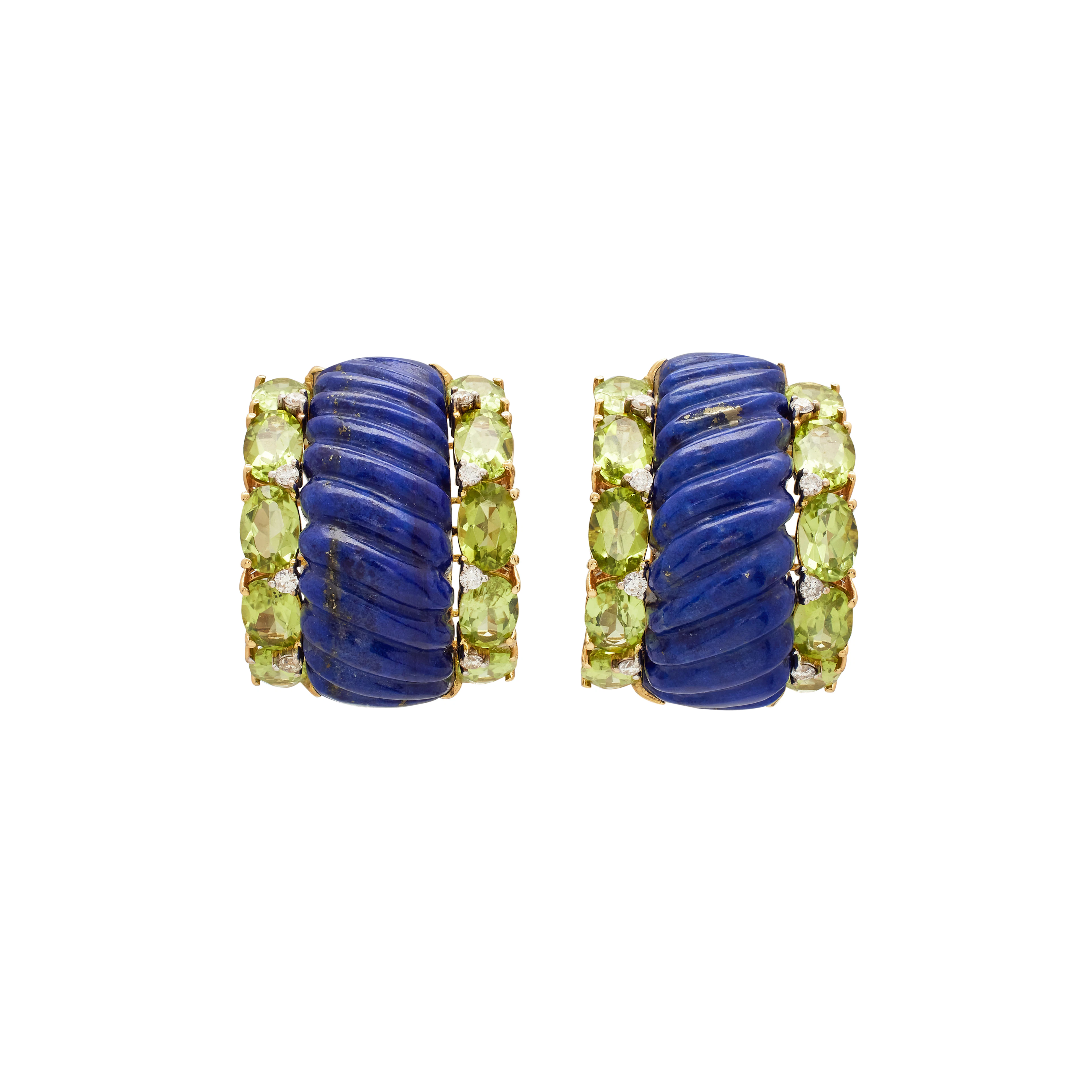 Gold, Lapis Lazuli, Peridot, and Diamond Earclips