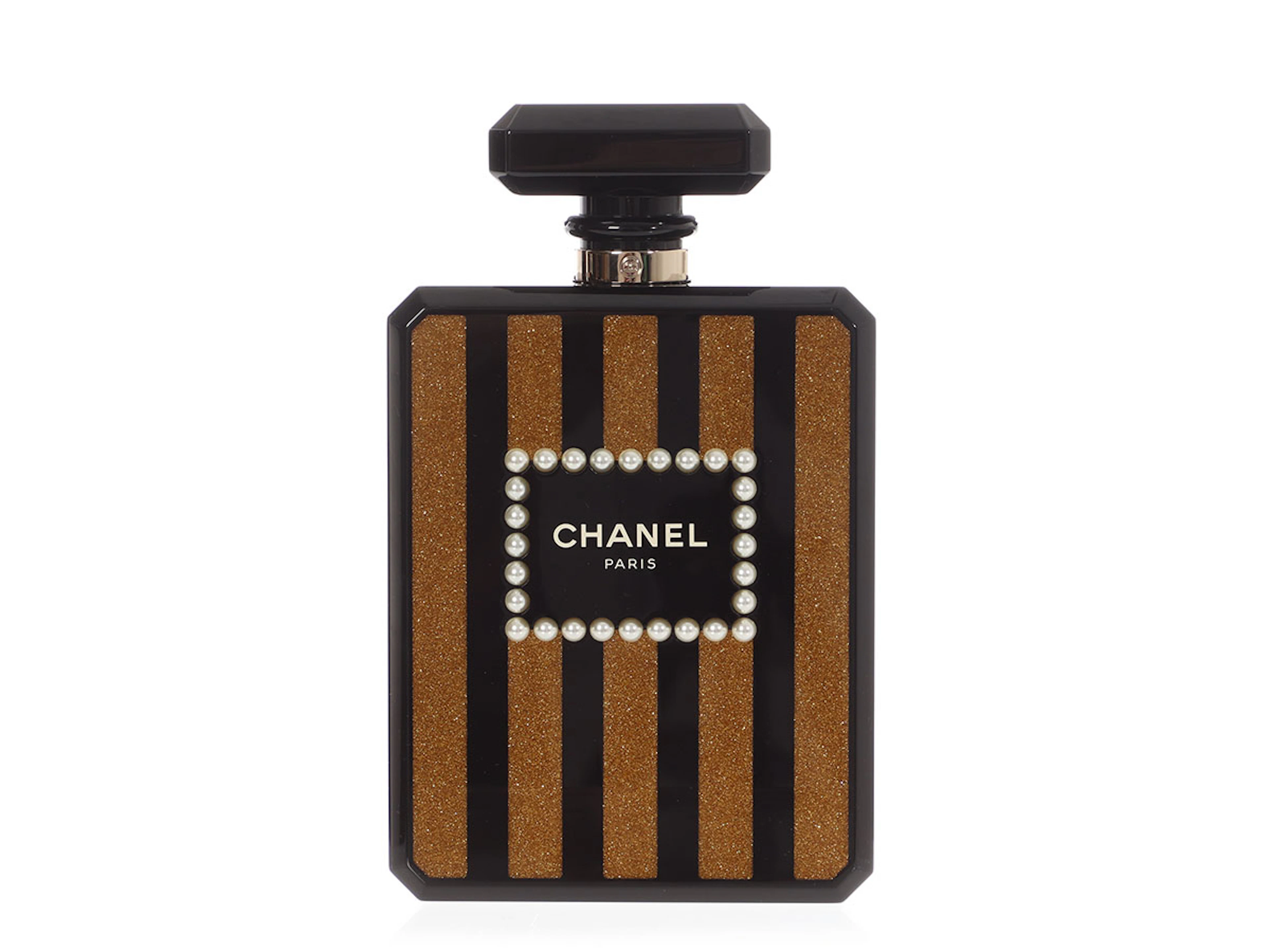 Black and Gold Plexiglass Perfume Bottle Minaudière Gold Hardware, 2017