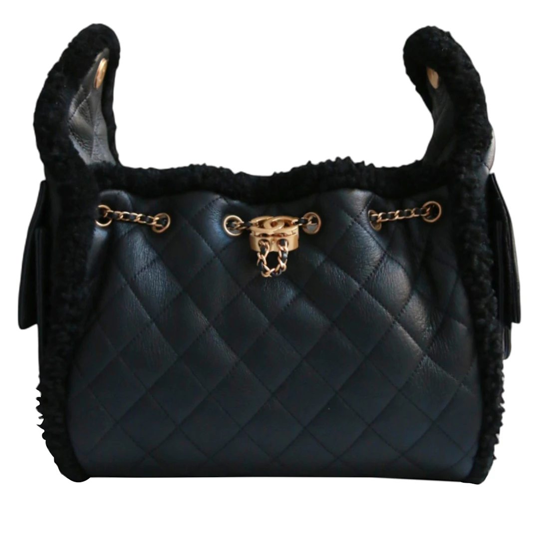 Black Quilted Crumpled Sheepskin and Shearling Small 25 Aged Gold