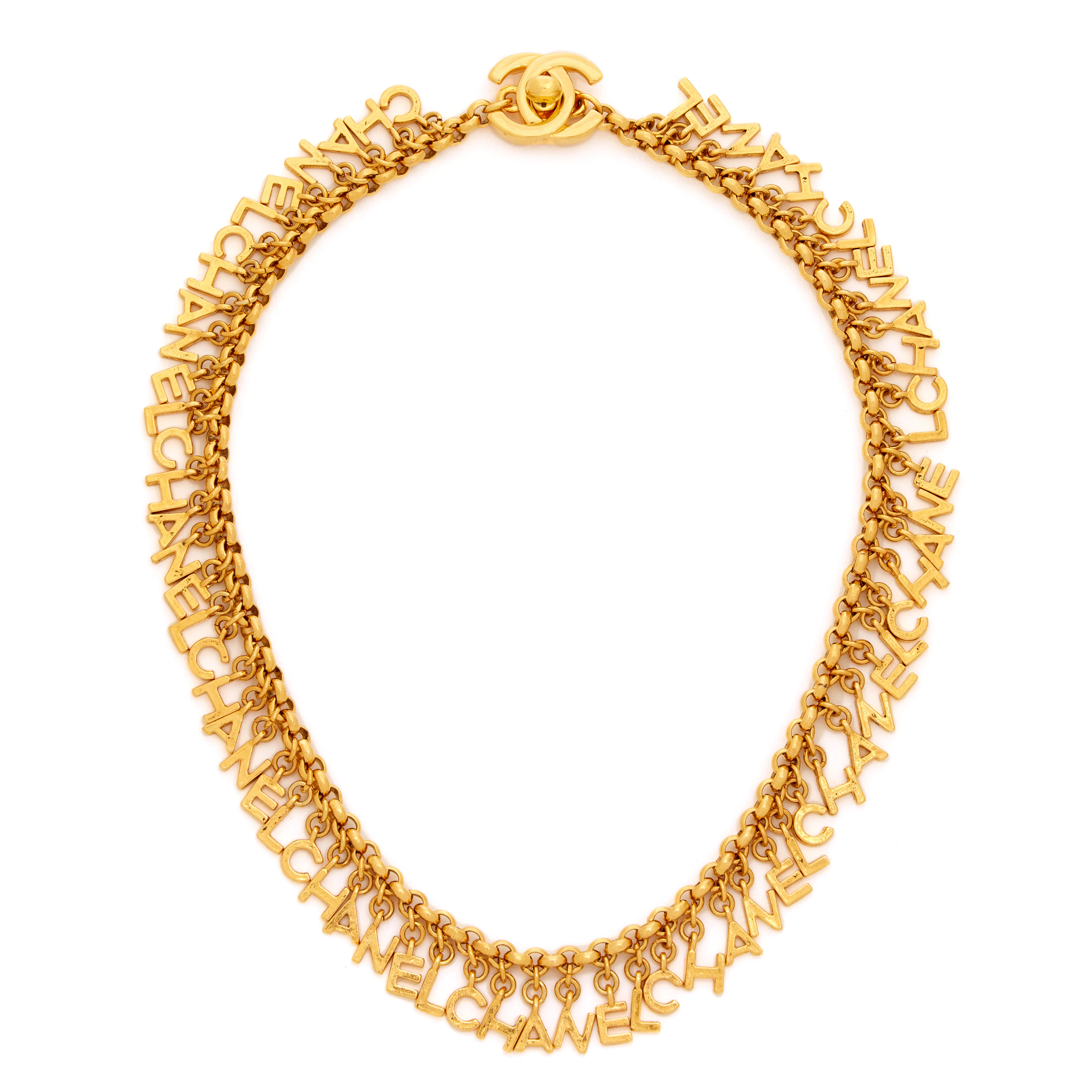 Gold Metal Chain CC Logo Lettering Turnlock Necklace, 1996