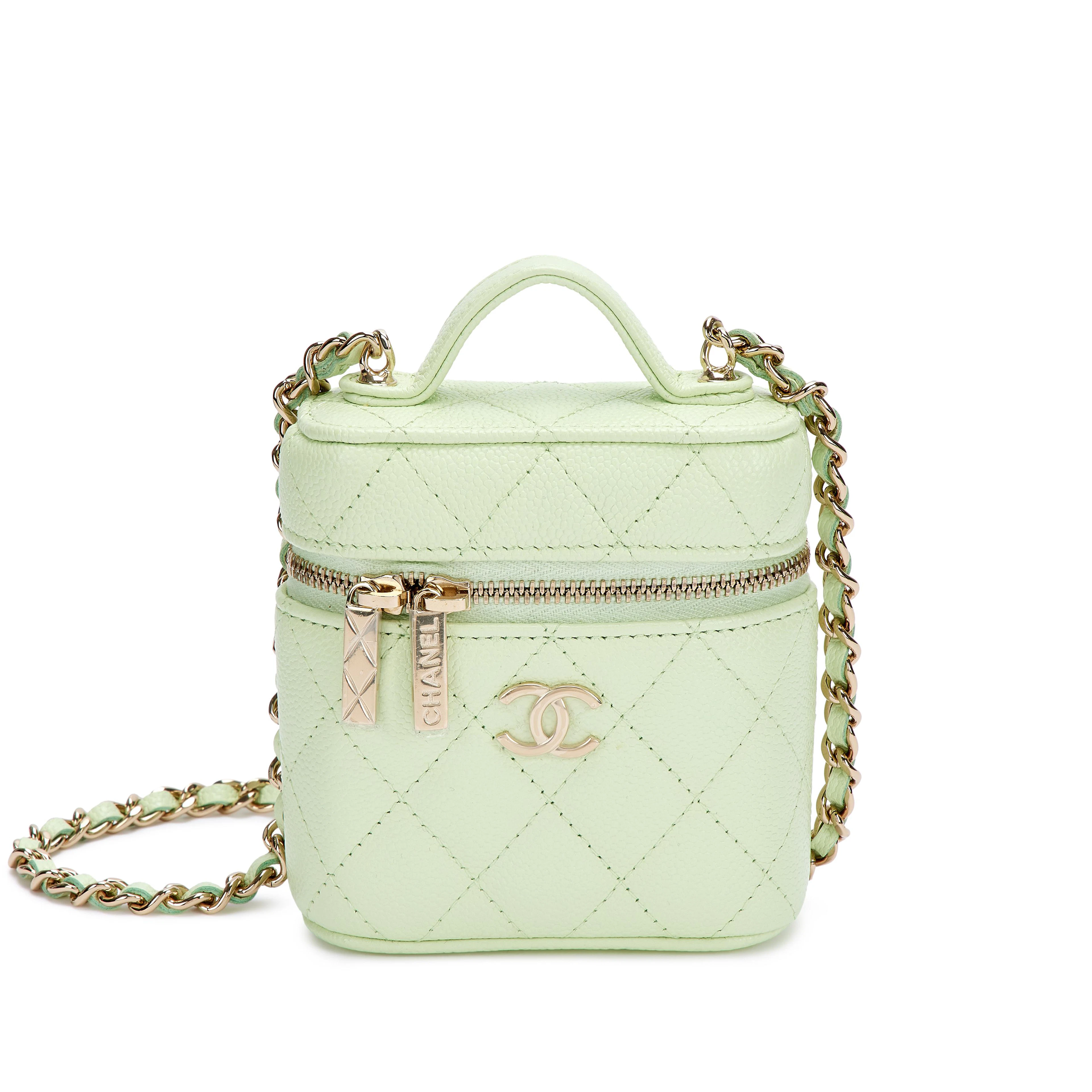 Light Green Quilted Caviar Top Handle Vanity Case Pale Gold Hardware, 2021