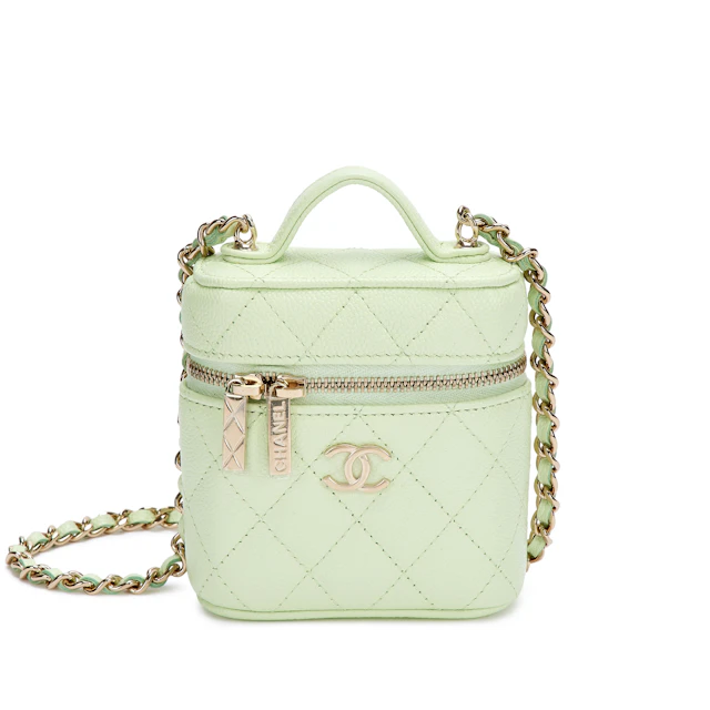 Light Green Quilted Caviar Top Handle Vanity Case Pale Gold Hardware, 2021