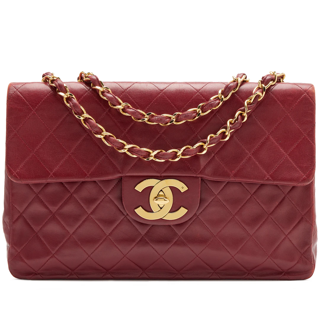 Vintage Burgundy Red Quilted Lambskin Maxi Jumbo XL Classic Single