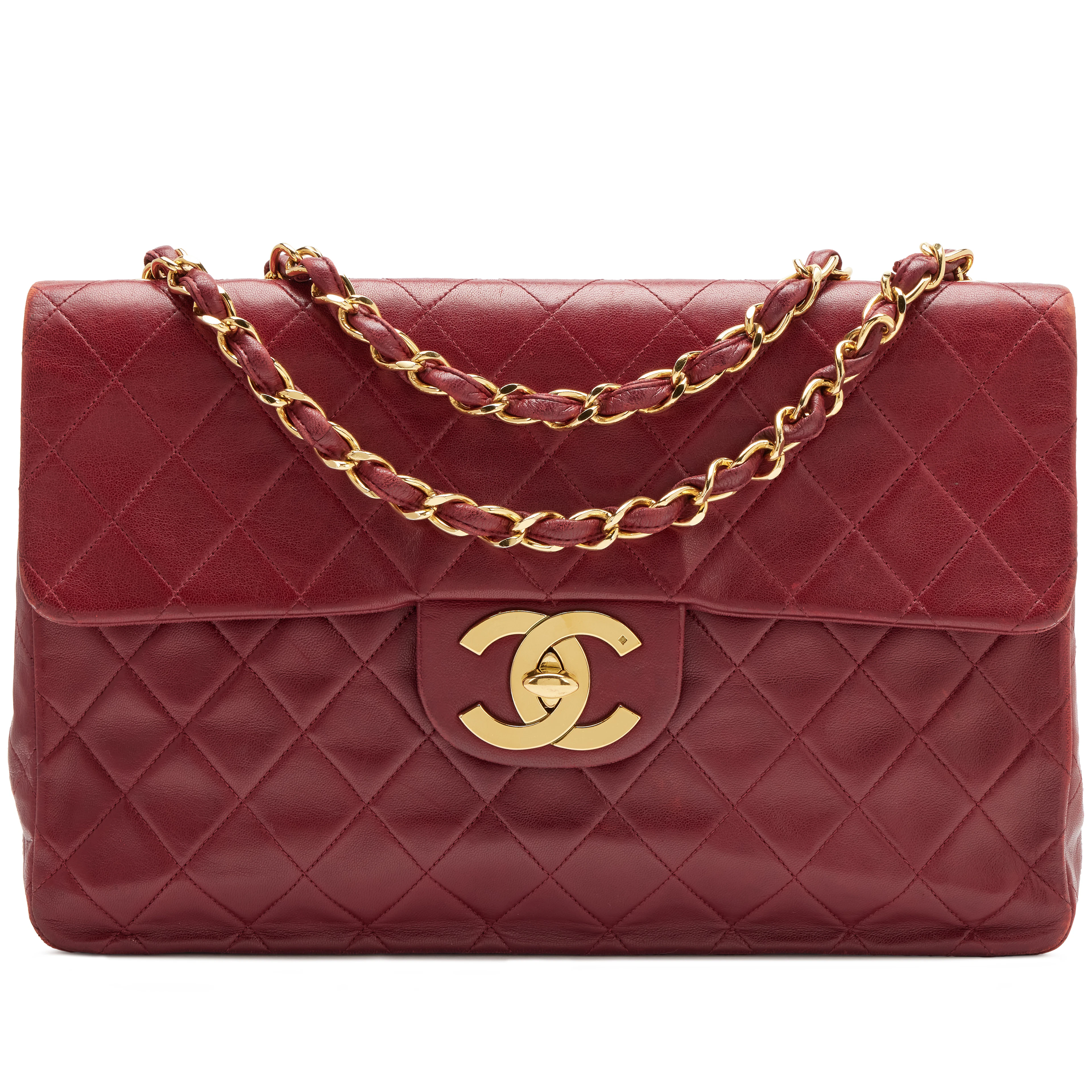 Vintage Burgundy Red Quilted Lambskin Maxi Jumbo XL Classic Single
