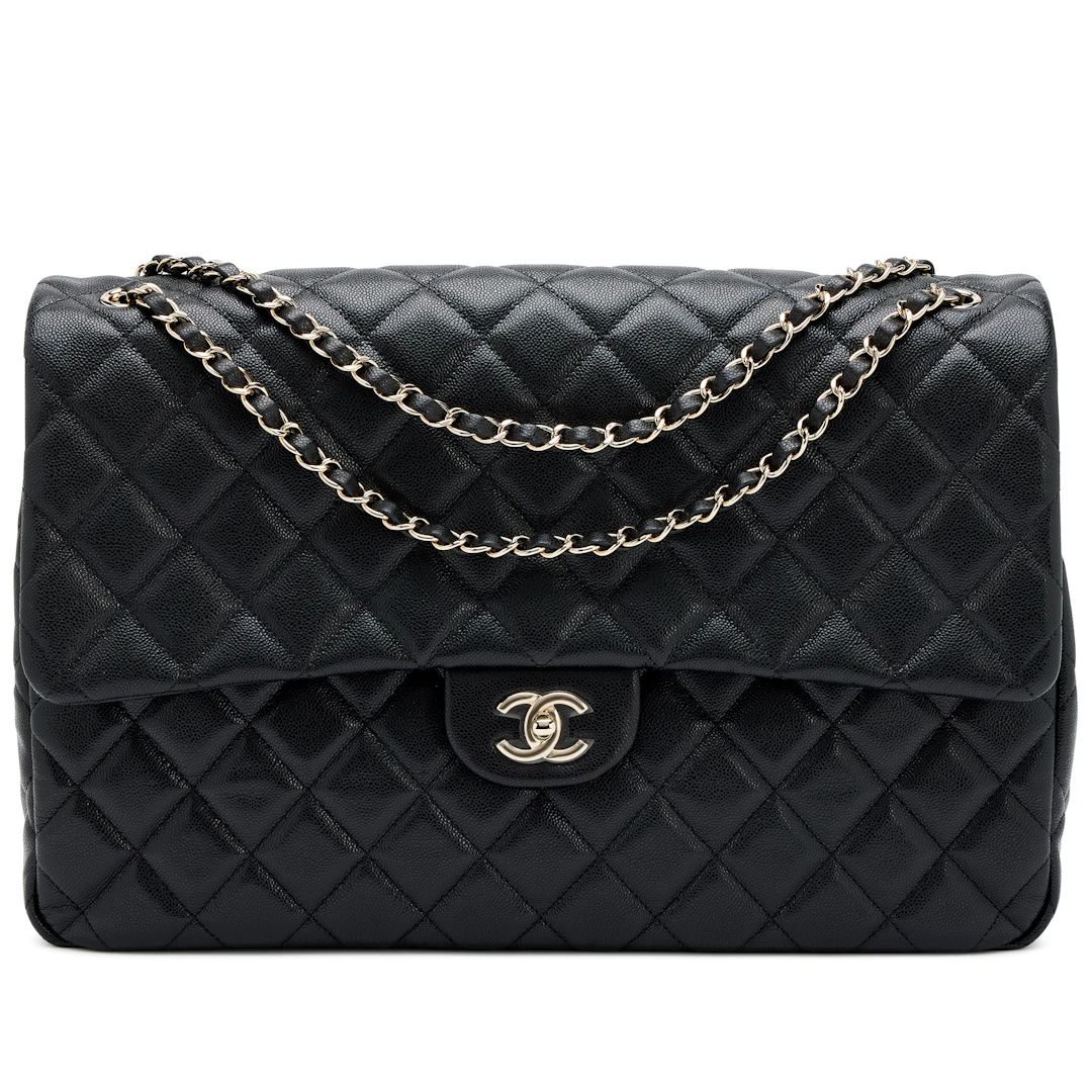 Black Quilted Caviar XXL Classic Airline Travel Flap Bag Light Gold