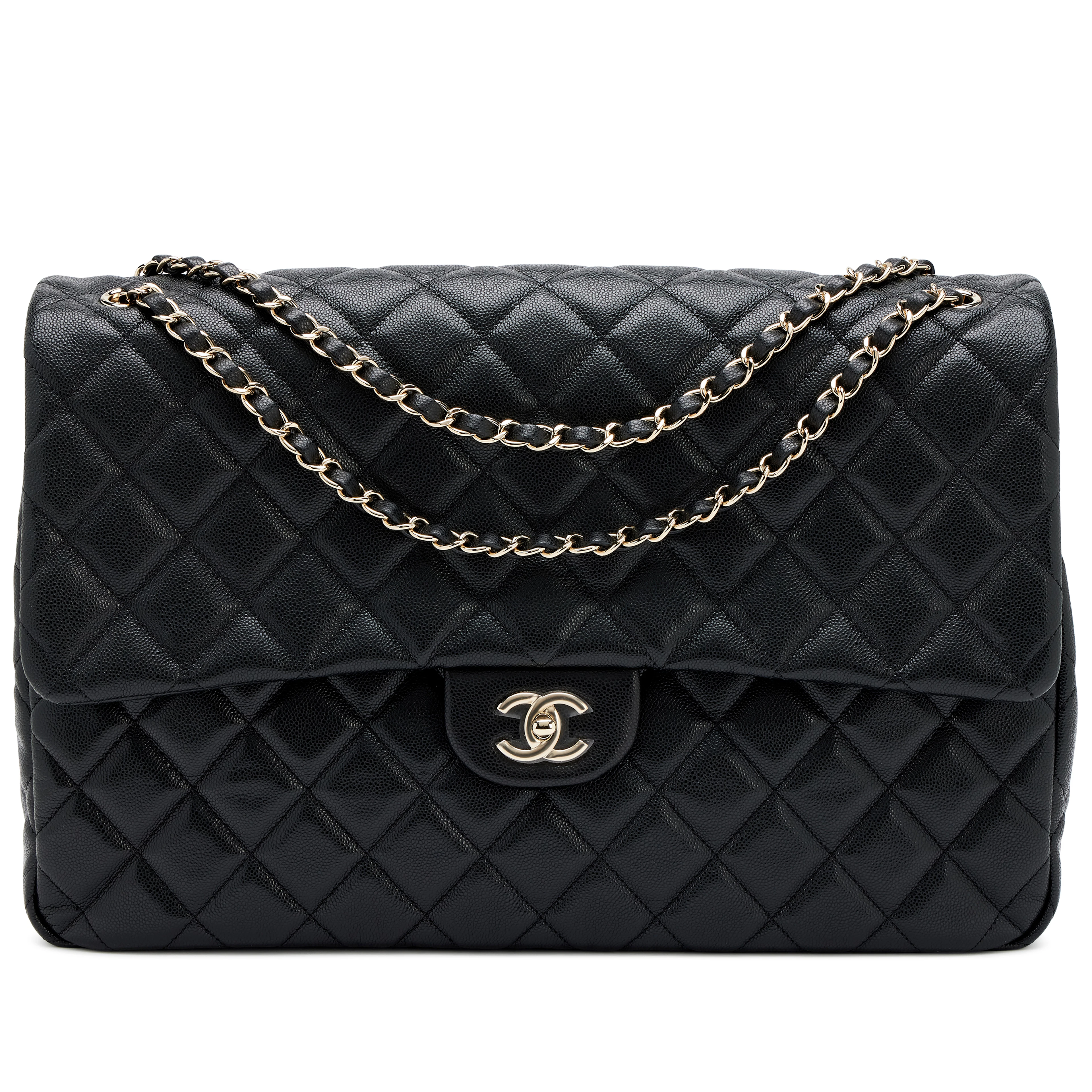 Black Quilted Caviar XXL Classic Airline Travel Flap Bag Light Gold