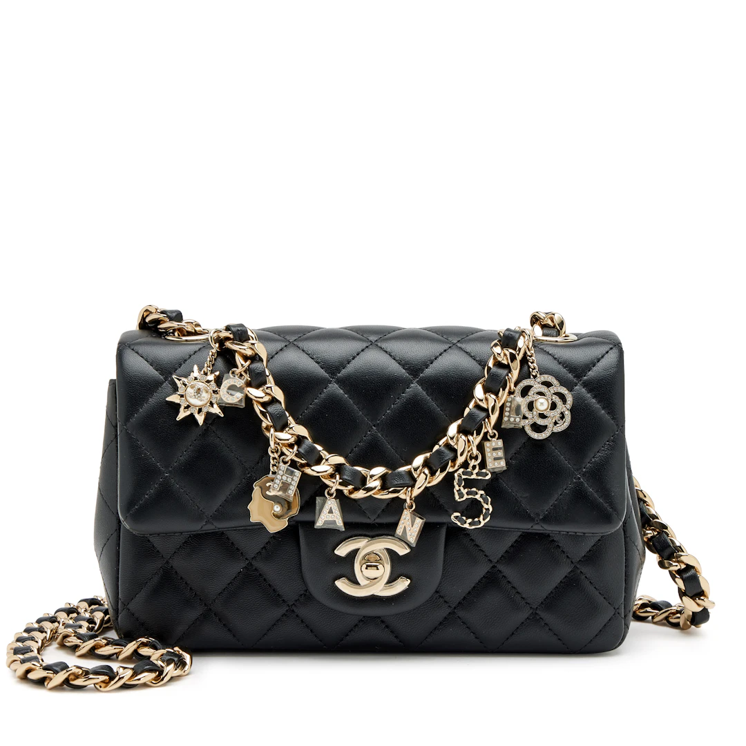 Black Quilted Lambskin Mini Coco Charms Rectangular Flap Bag Light