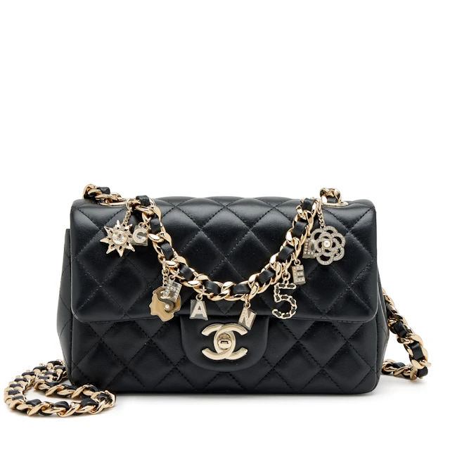 Black Quilted Lambskin Mini Coco Charms Rectangular Flap Bag Light