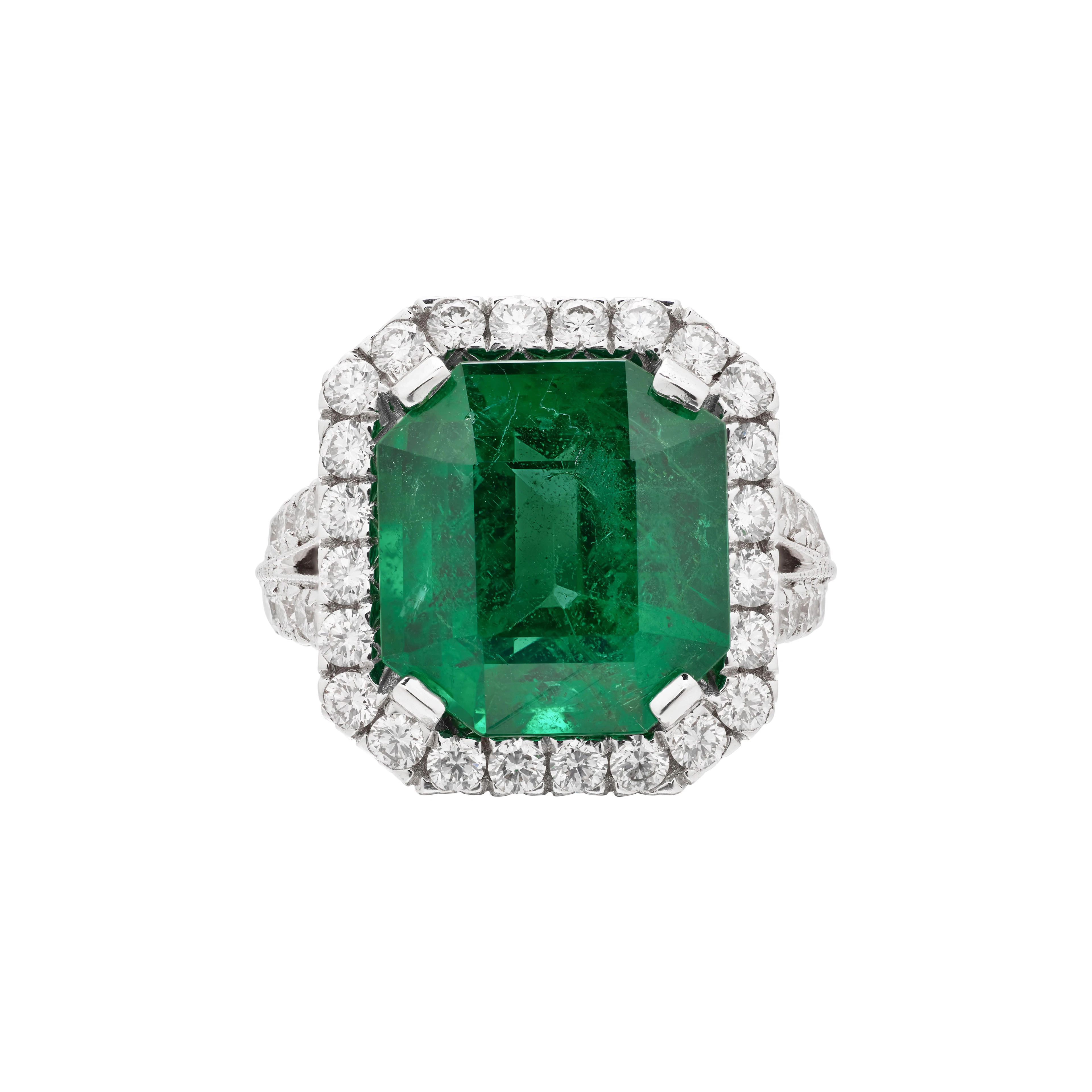 Platinum, 6.53ct Zambian Emerald and Diamond Ring