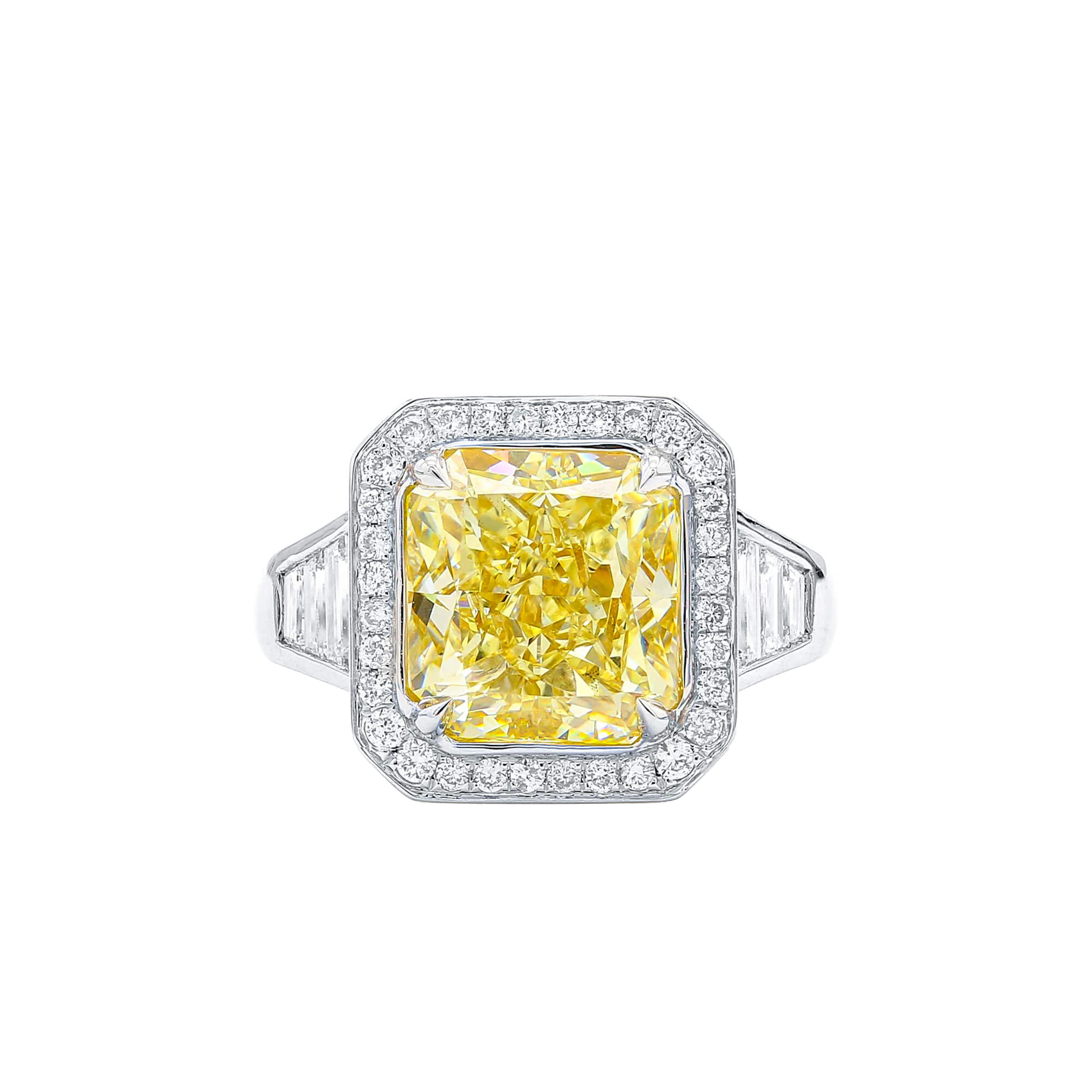 White Gold, 5.03ct Radiant Cut Fancy Light Yellow Diamond and Diamond