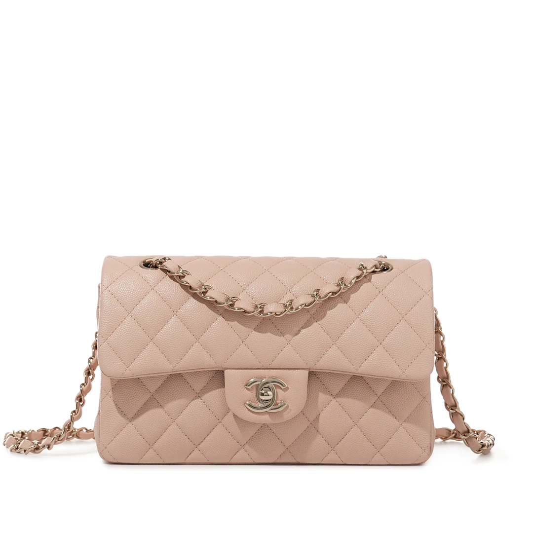 Pink Quilted Caviar Small Classic Double Flap Bag Pale Gold Hardware