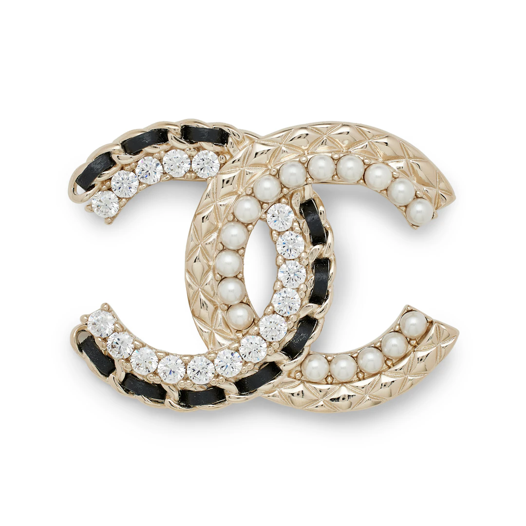 Gold Metal Black Lambskin Chain Link White Imitation Pearl Crystal