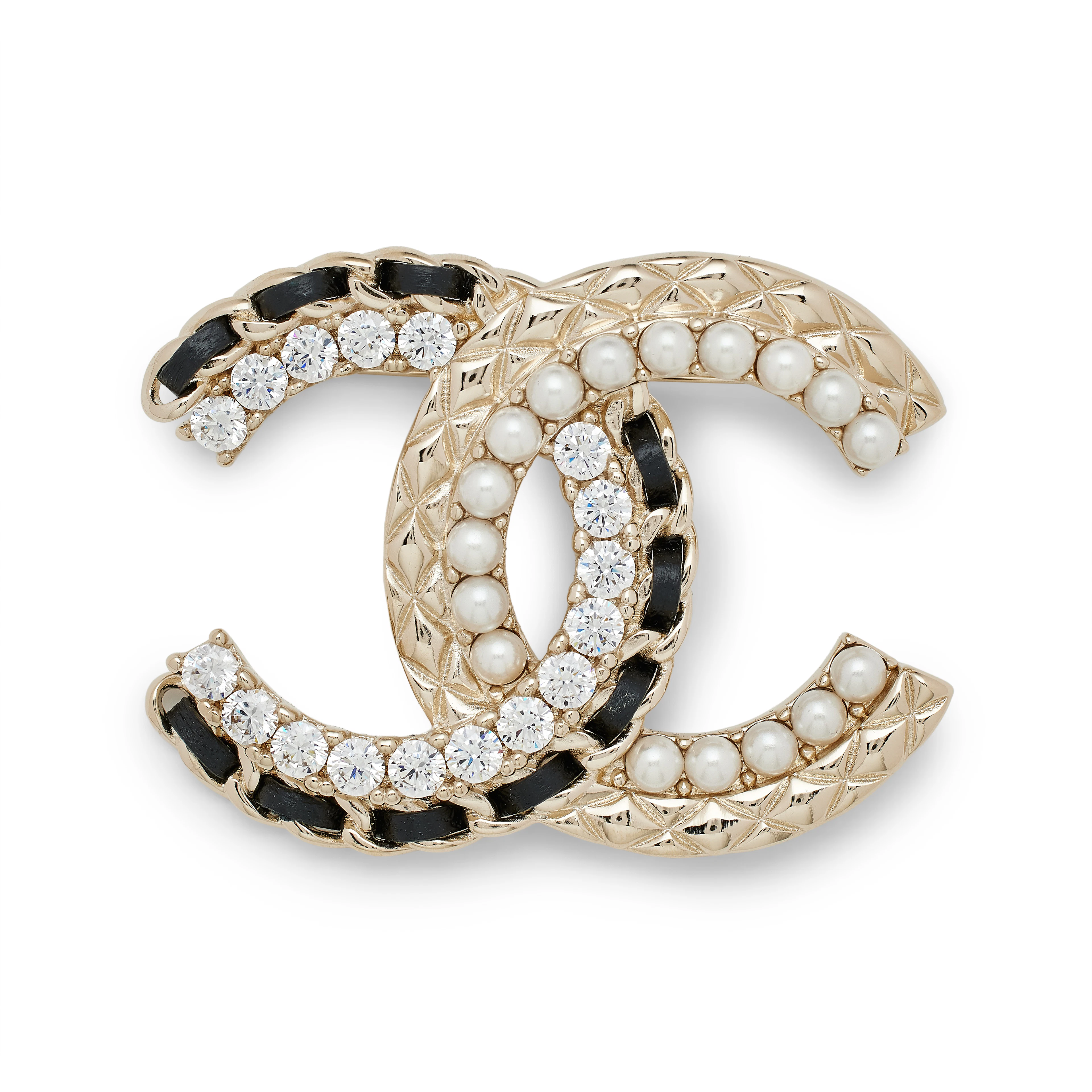 Gold Metal Black Lambskin Chain Link White Imitation Pearl Crystal