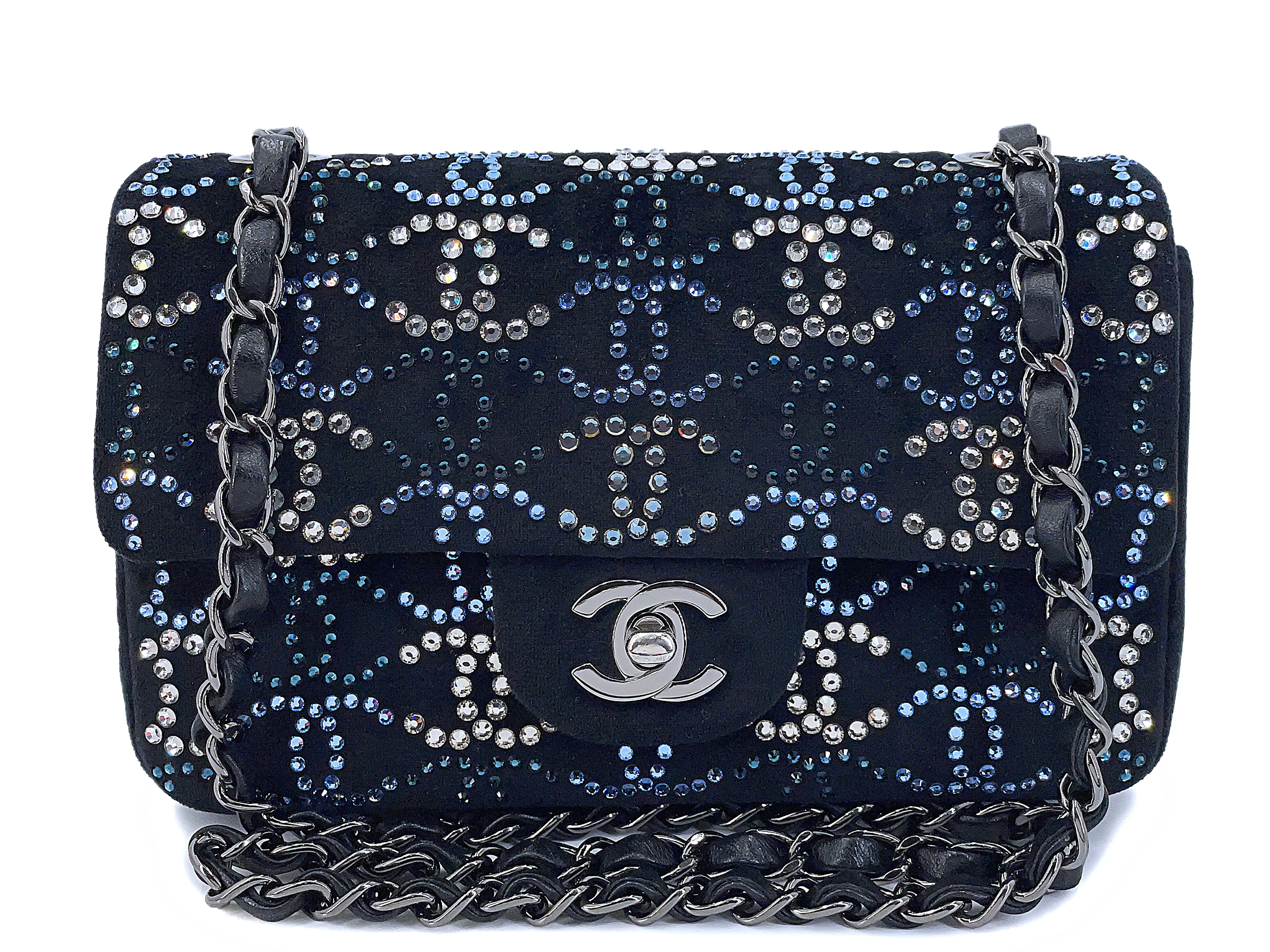 Midnight Navy Blue Velvet Crystal CC Embellished Rectangular Mini