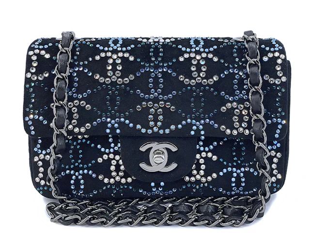 Midnight Navy Blue Velvet Crystal CC Embellished Rectangular Mini