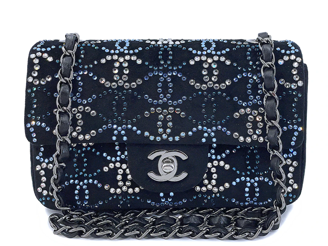 Midnight Navy Blue Velvet Crystal CC Embellished Rectangular Mini
